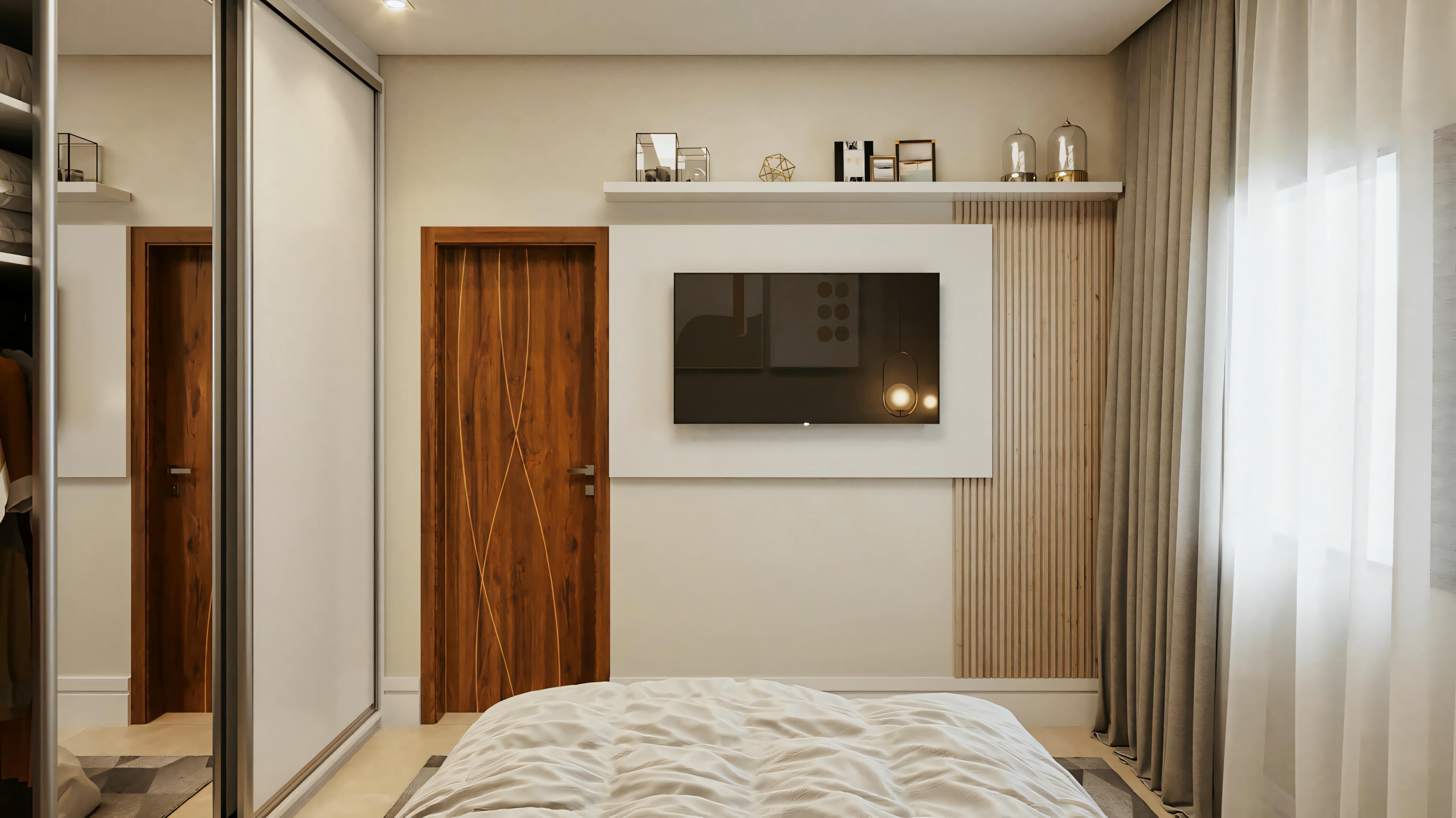 Vista detallada de uno de los cuartos suite del proyecto listo de casa de planta baja con 2 suites. El ambiente cuenta con panel de TV con acabado listonado, puerta de madera, ventana con cortina y armario planeado con puertas corredizas.