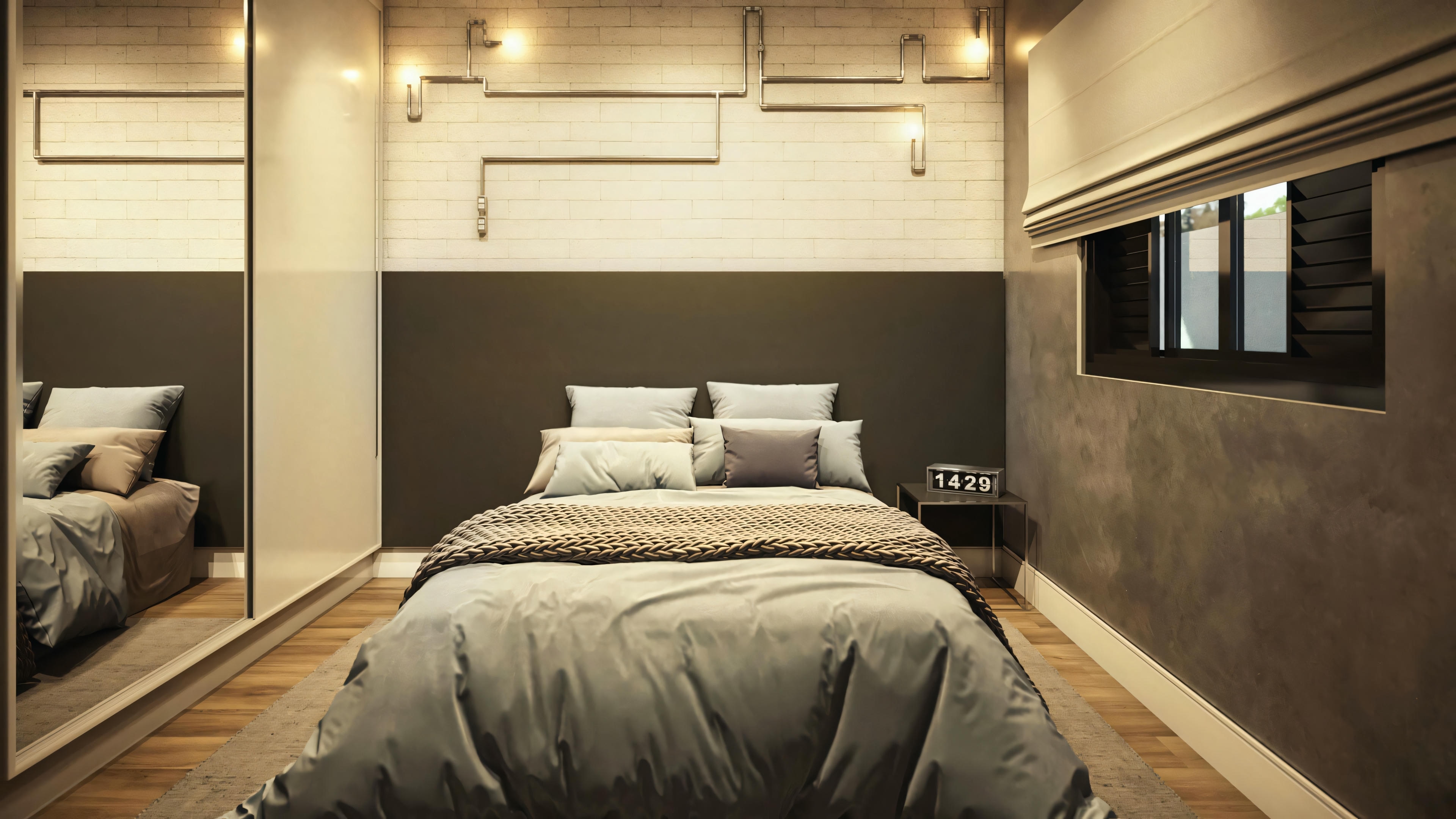 Dormitorio moderno con cama de ropa de cama gris, mesillas de noche e iluminación ambiente.