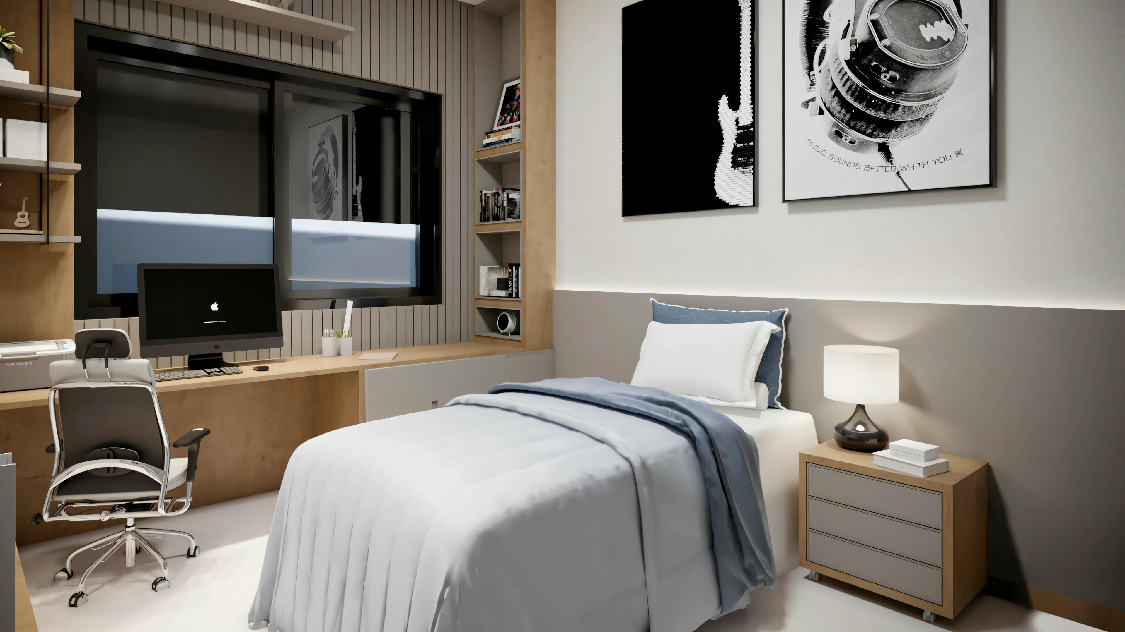 Un dormitorio con cama, mesillas de noche y una gran televisión montada en la pared opuesta a la cama.