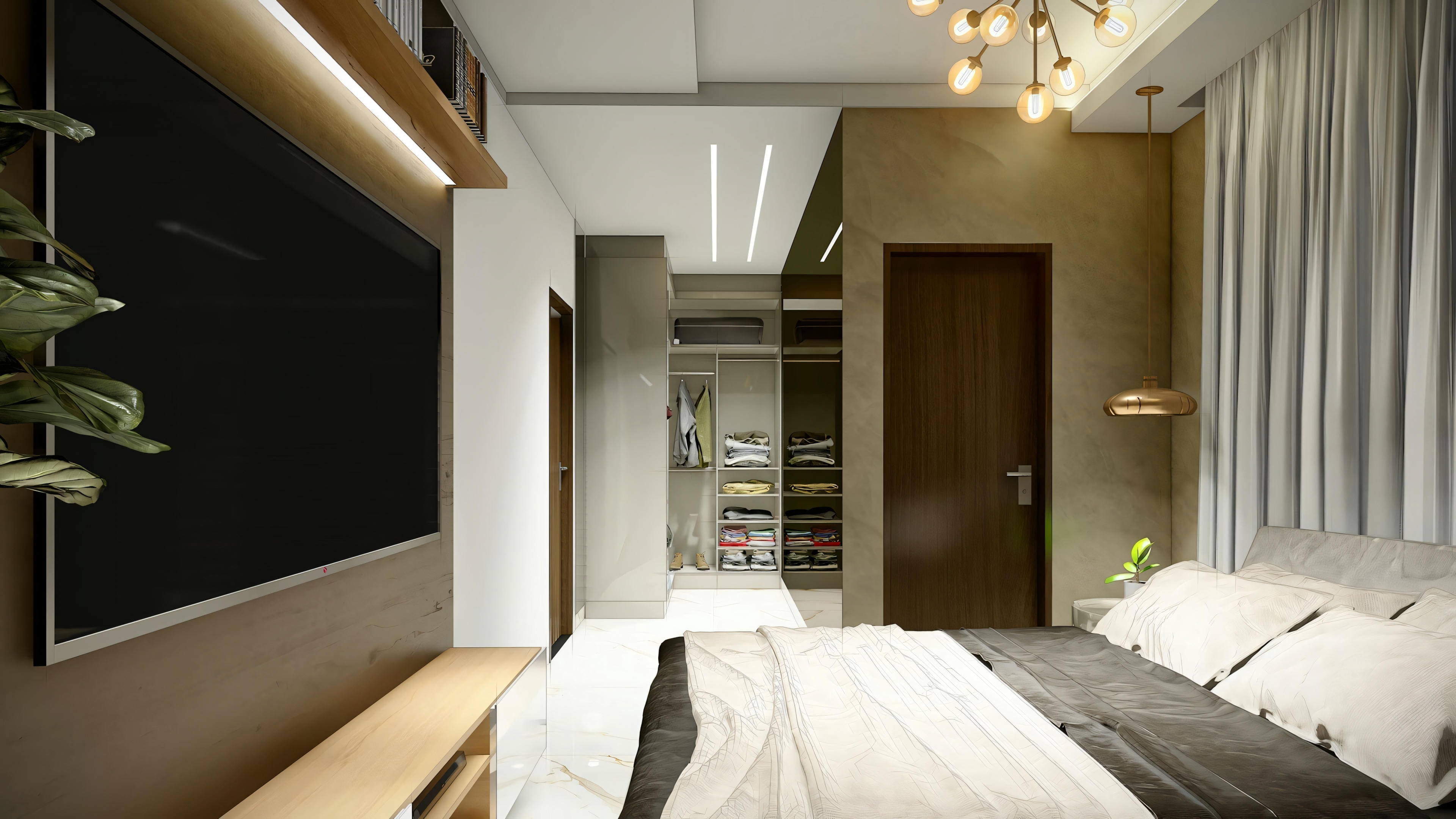 Dormitorio moderno con iluminación acogedora, cama con mesitas de noche y decoración minimalista.