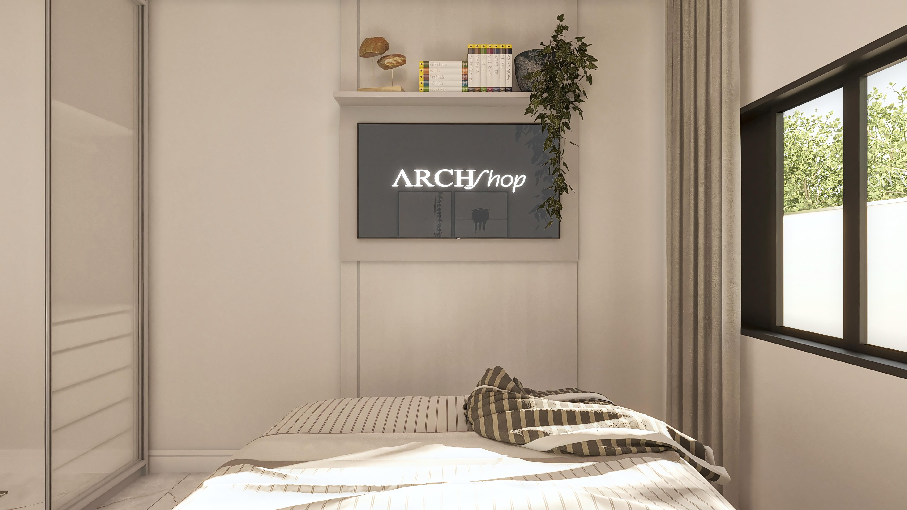 Interior de habitación con cama matrimonial, armario a medida, estante con objetos decorativos y televisión, y una gran ventana con vista al área externa.