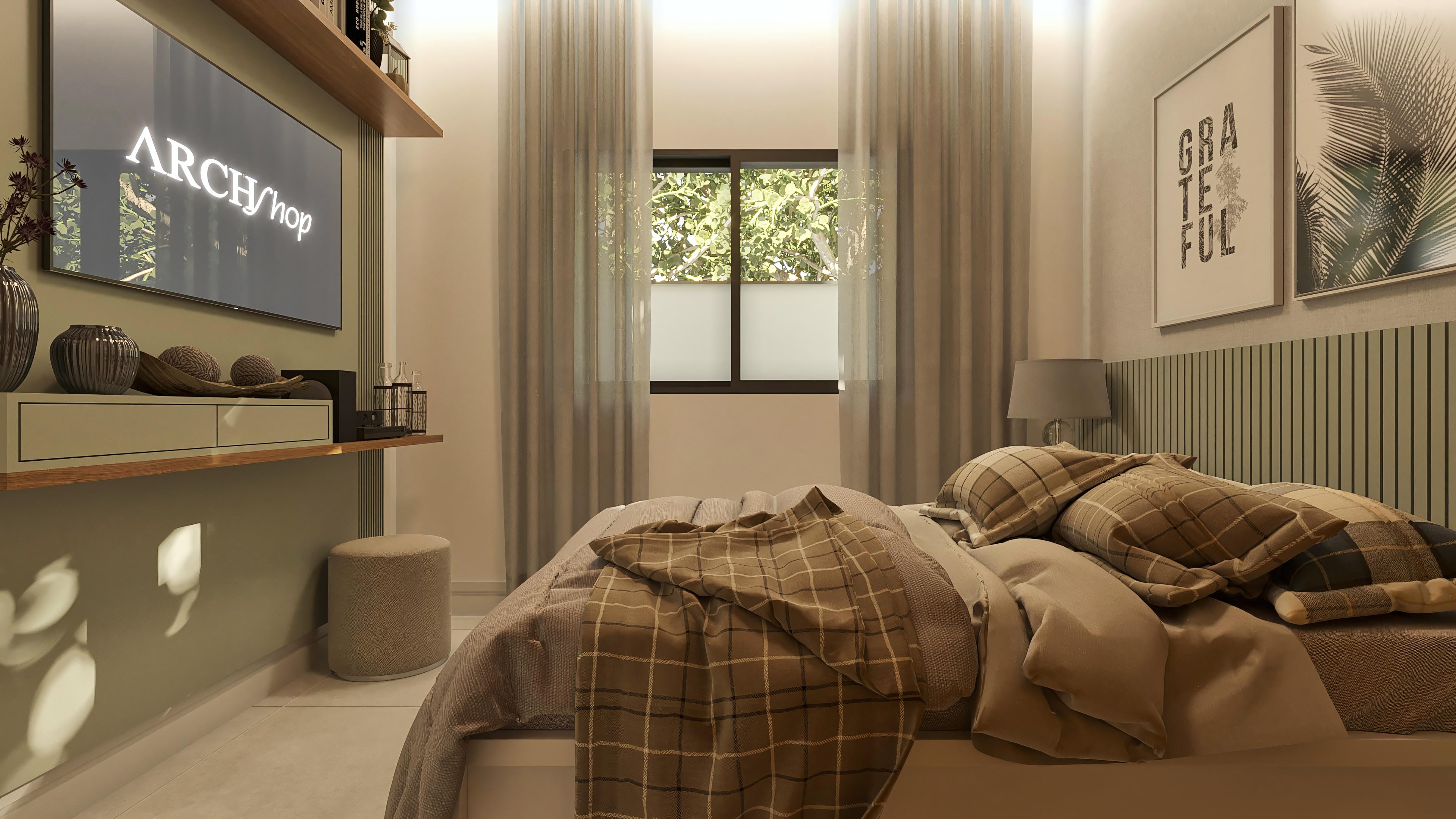 Interior de habitación con cama king-size, ropa de cama a cuadros en tonos terrosos, cortinas translúcidas y un panel listonado en la pared.