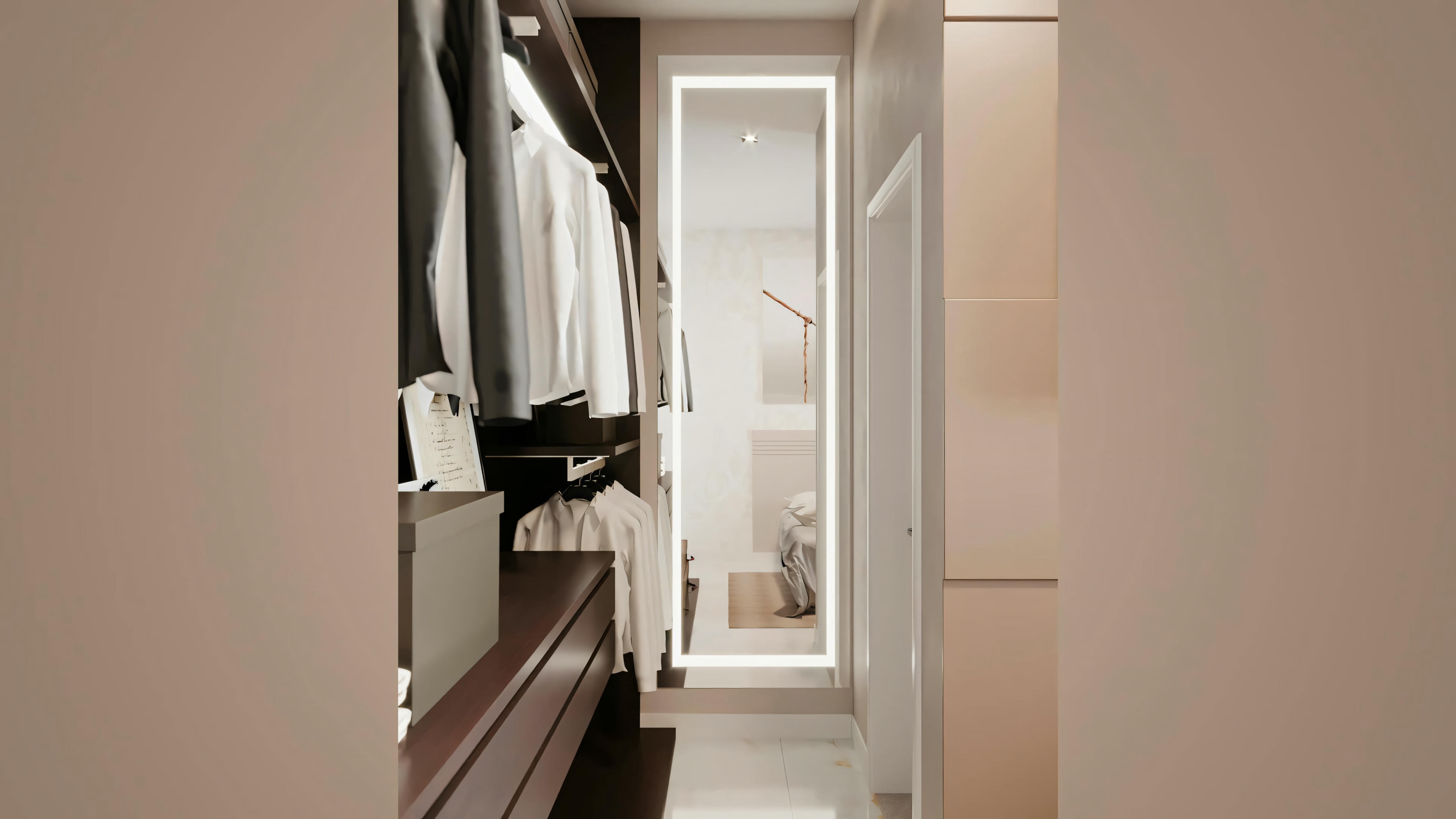 A hallway with framed pictures on the wall, leading to an open door at the end.