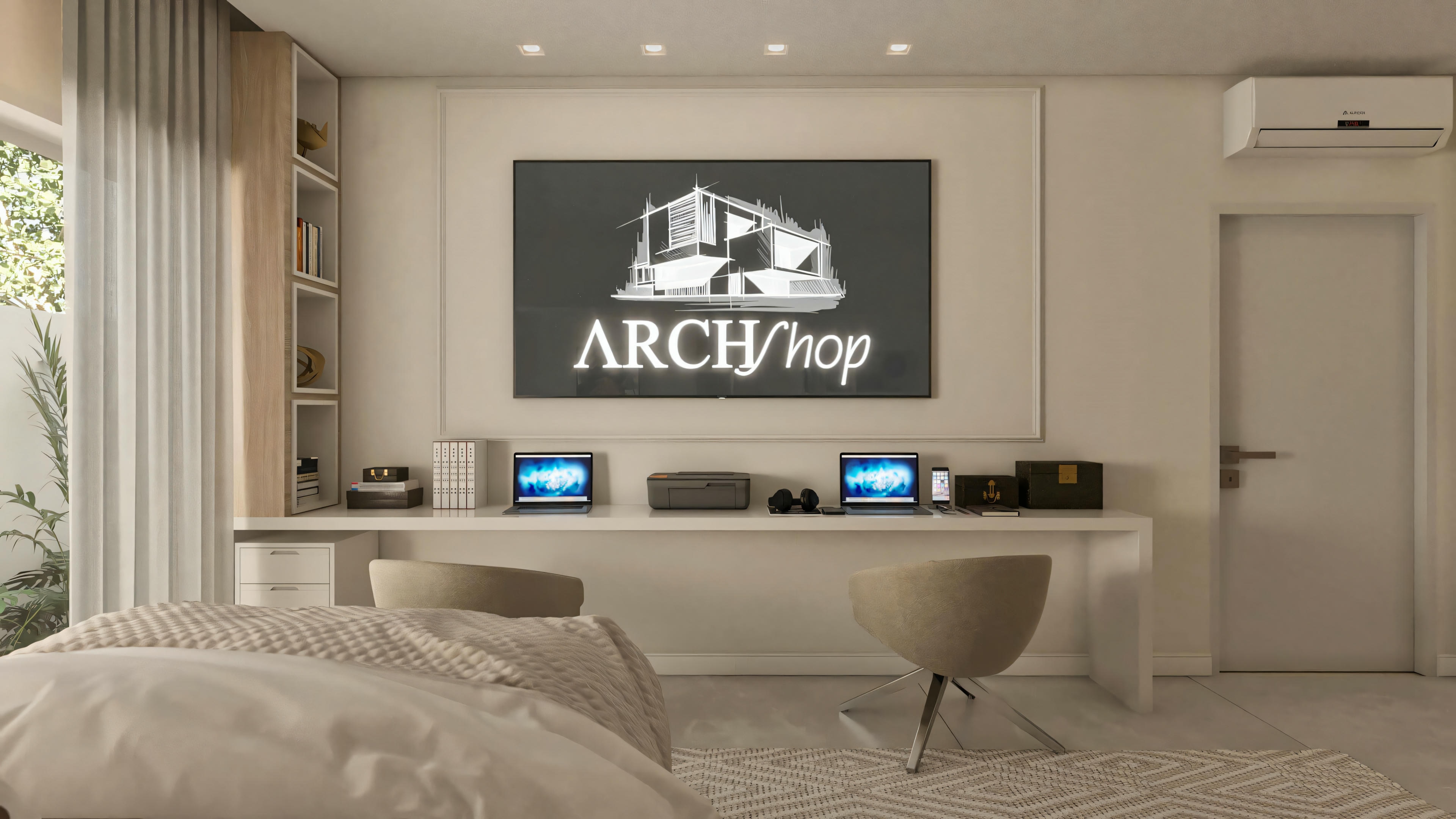 Detalle del escritorio/home office para dos personas, integrado a una habitación de casa moderna de una planta (3 habitaciones), equipada con computadoras portátiles, impresora y sillas.