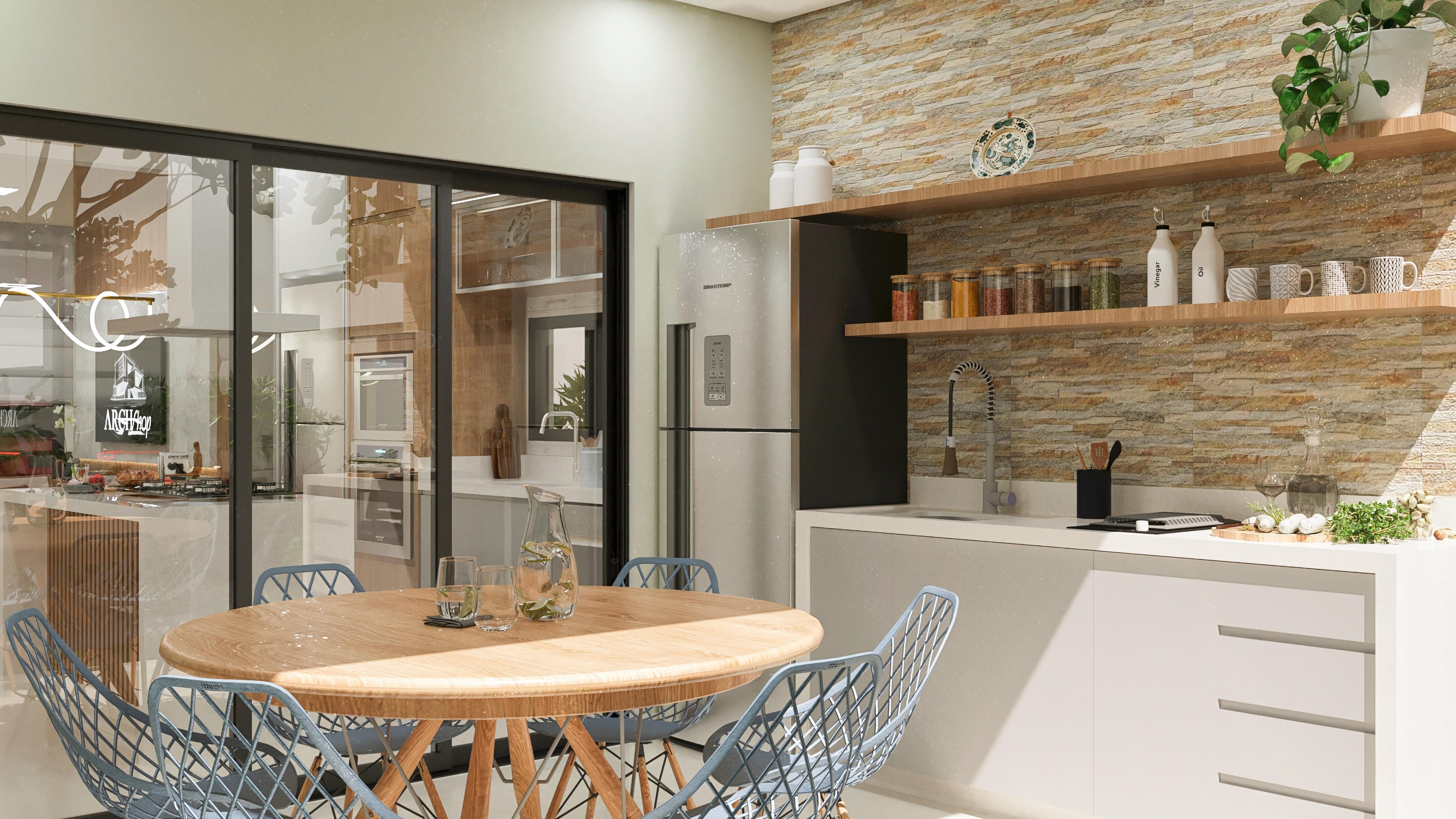 Project of an integrated kitchen with a gourmet area, highlighting the stone countertop and the textured wooden wall, complementing the modern furniture and the round dining table.