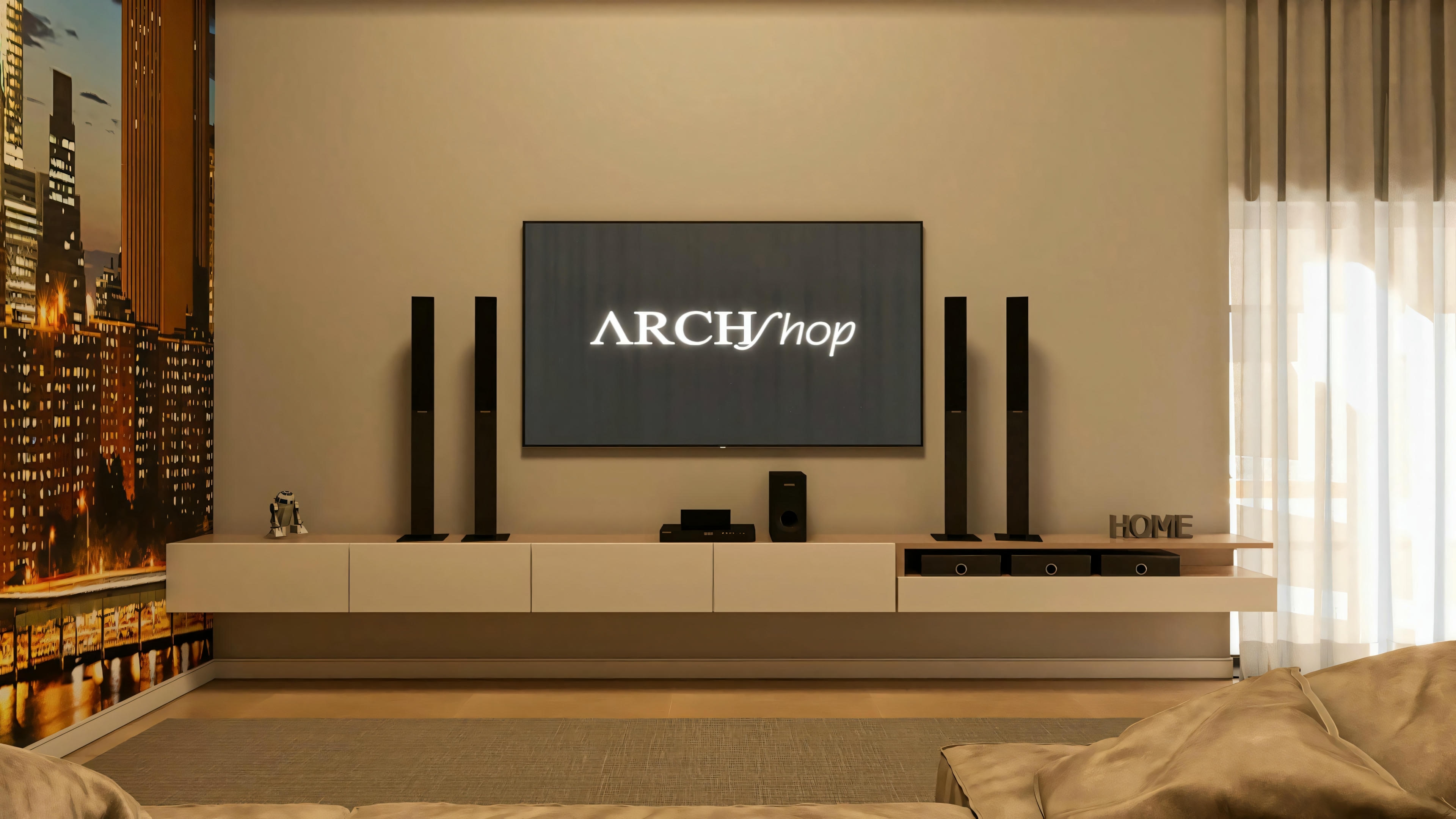 Sala de home theater em projeto residencial de luxo, equipada com TV de tela plana, sistema de som com caixas torre e rack baixo moderno.