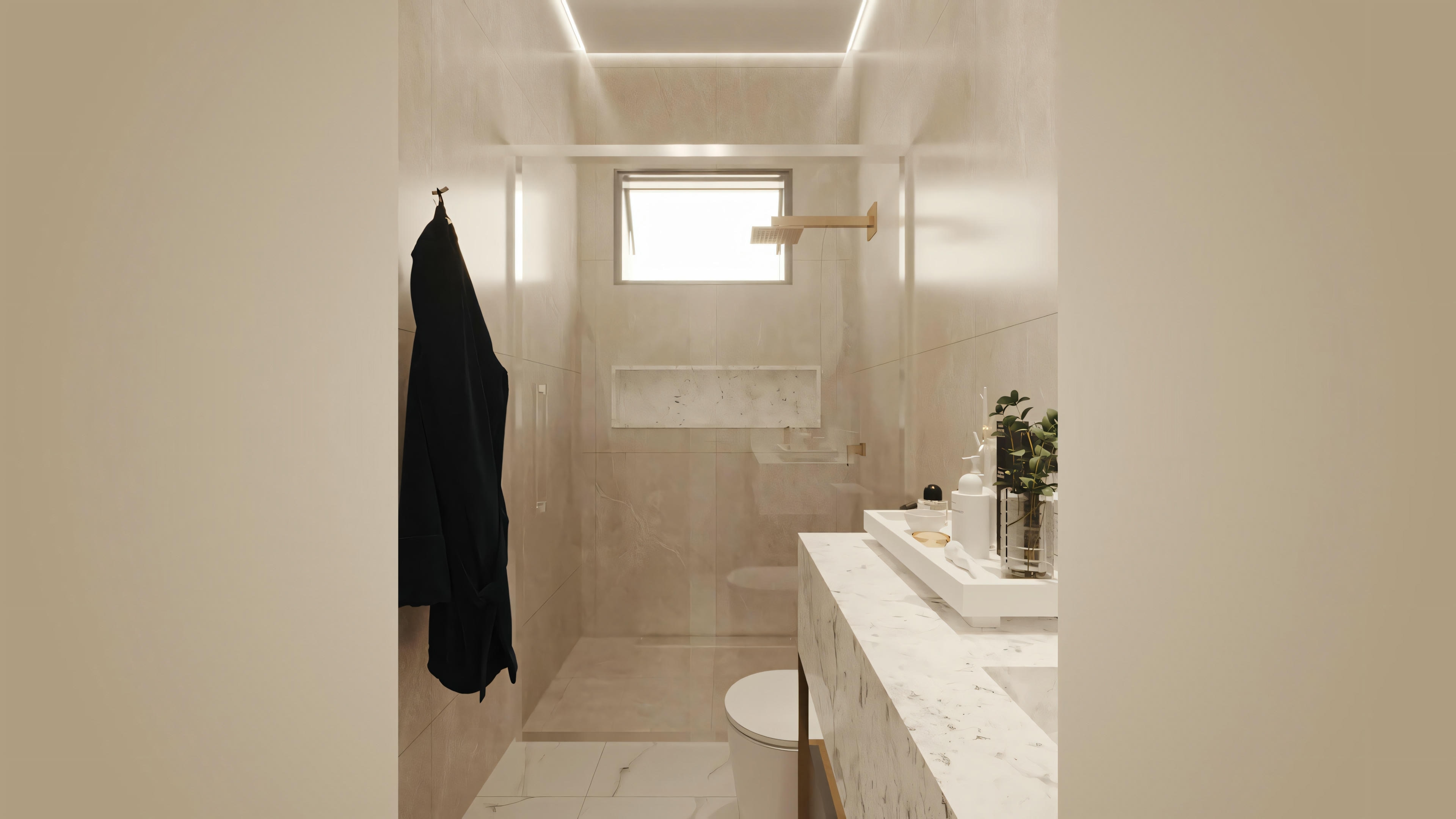 A modern bathroom with a glass shower enclosure, white sink with countertop, and mirror above.