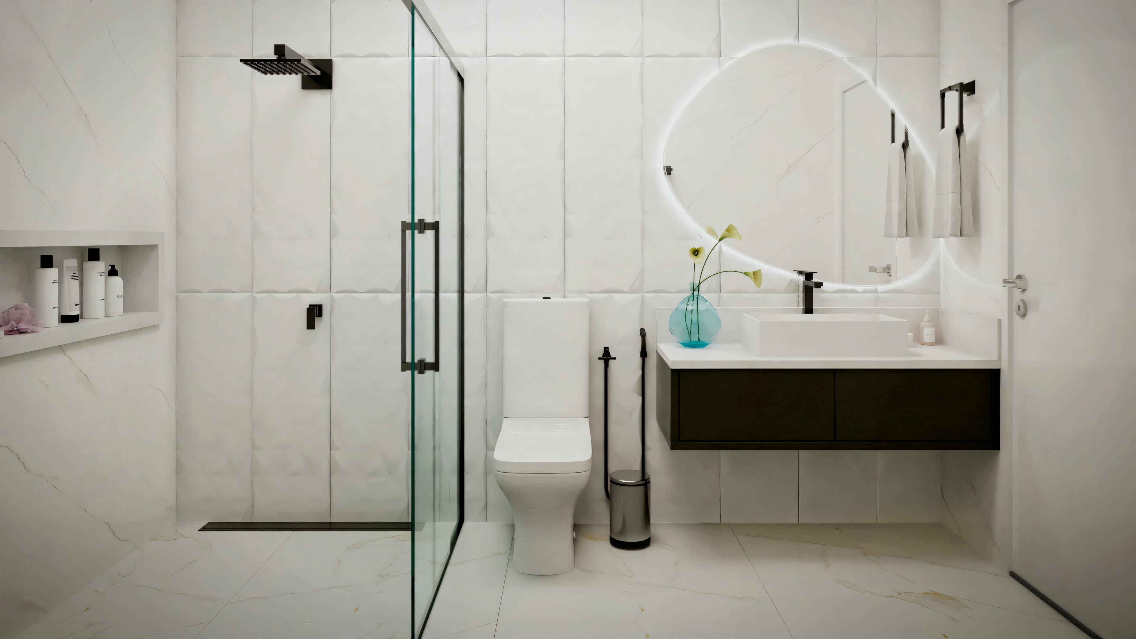 Modern bathroom with a white color scheme, wall-mounted cabinets, countertop sink, and decorative items on shelves.