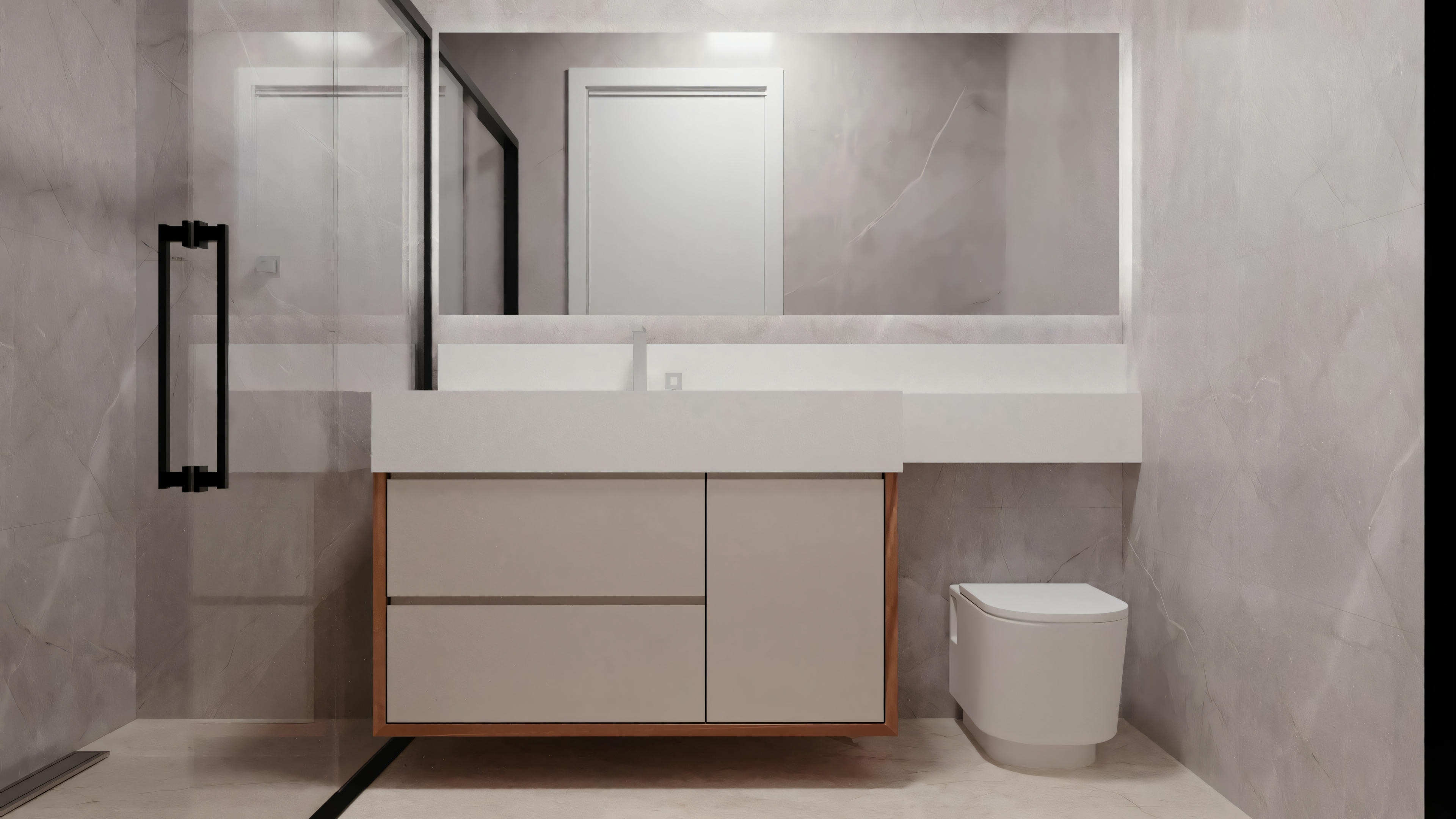 A modern bathroom with a white sink, wall mirror, and shower area visible in the background.