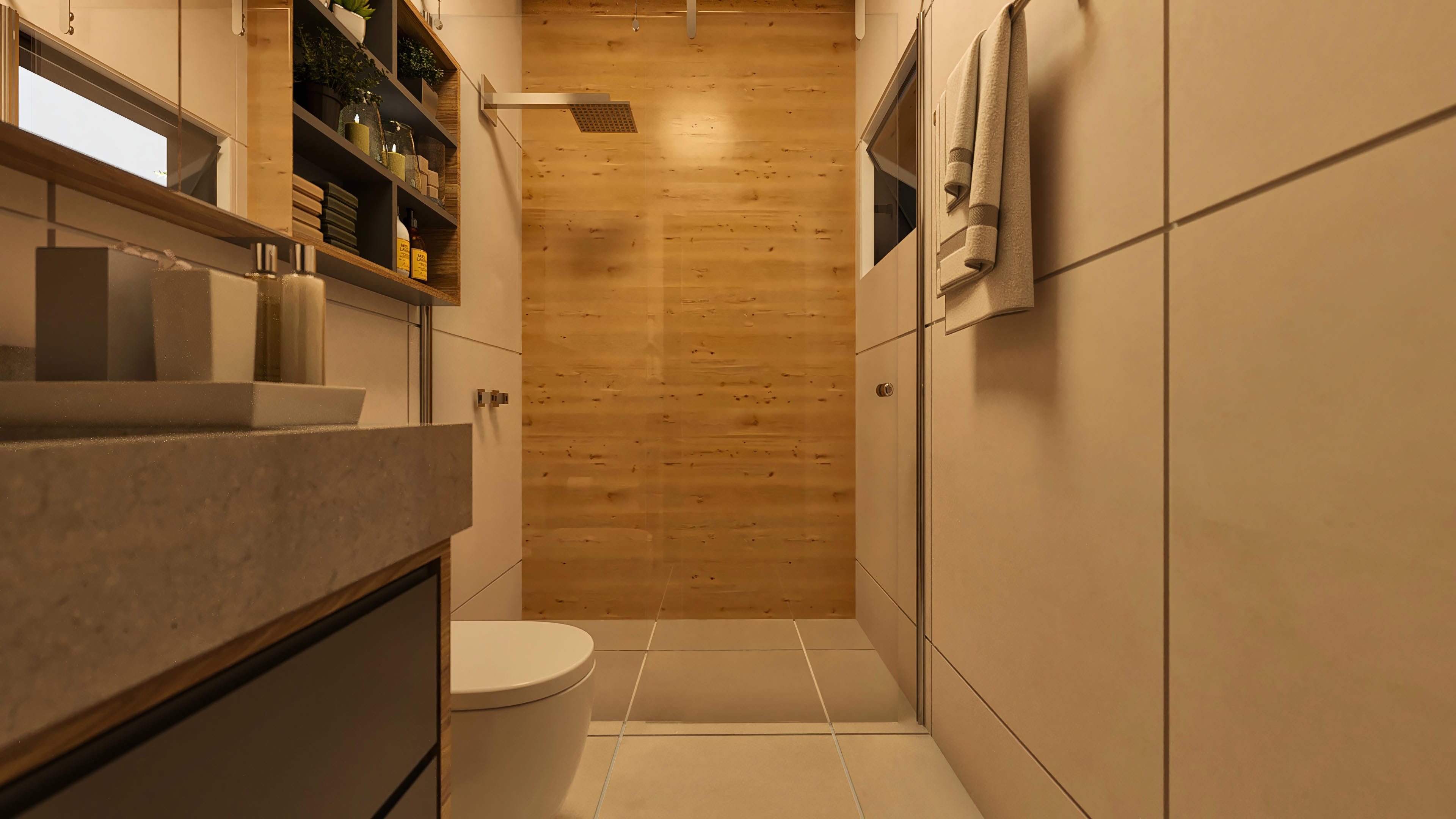 Bathroom with woody cladding in the shower area, sink with granite counter and dark cabinets, and details in neutral and light tones.