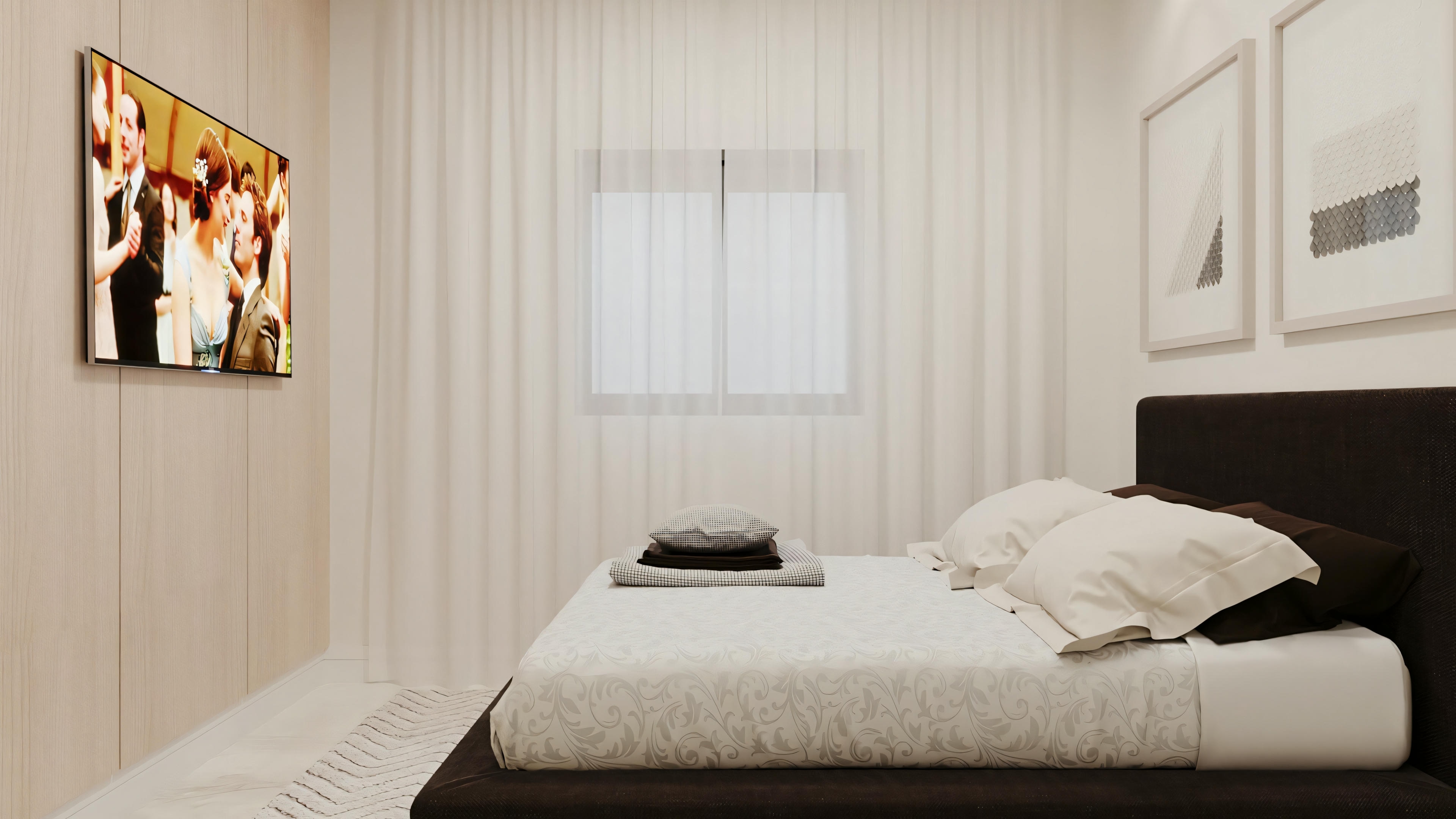 A room with a neatly made bed and a piece of art on the wall.