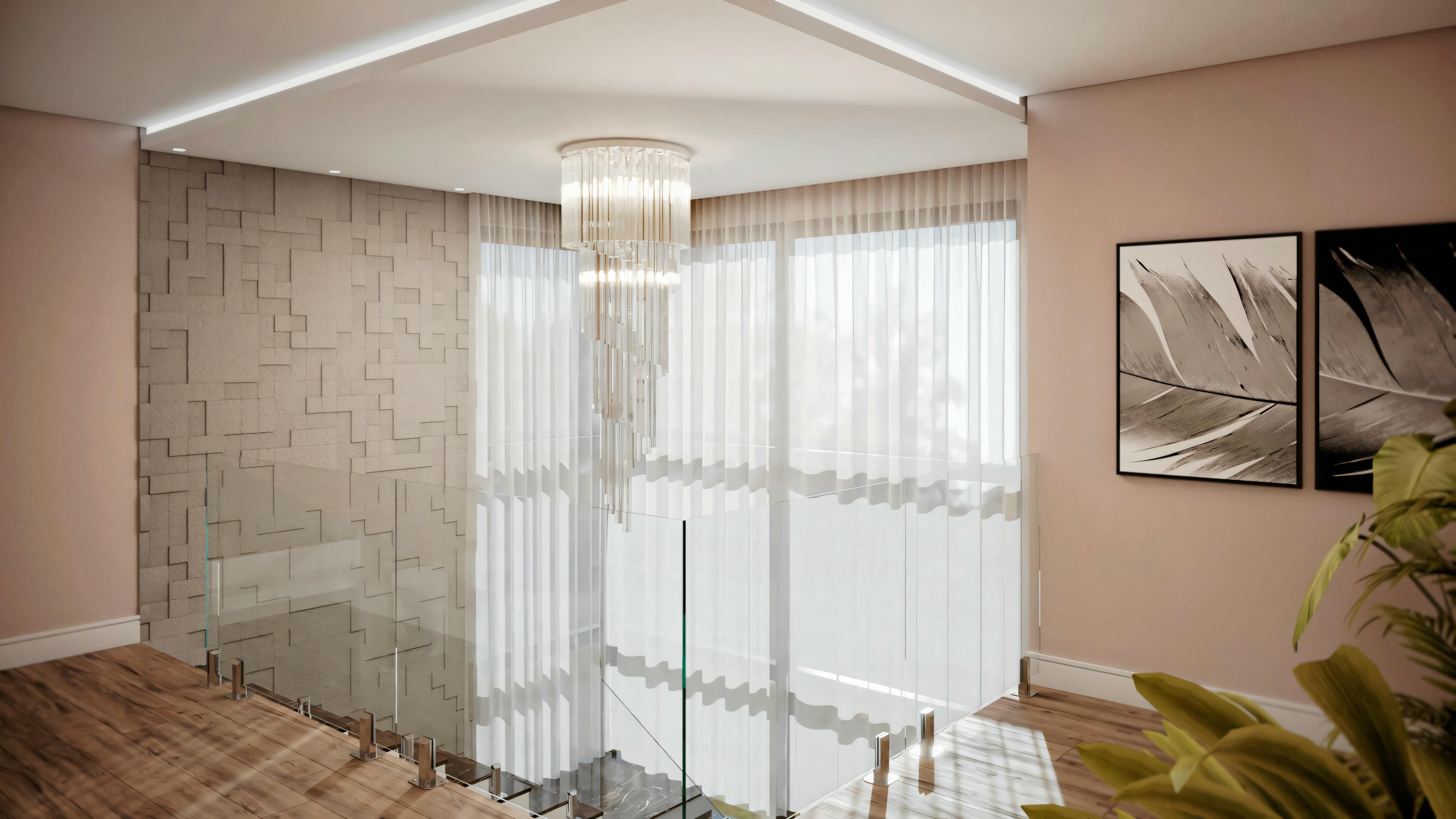 A modern bedroom with gray textured walls and a wall with a large window covered by sheer white curtains.