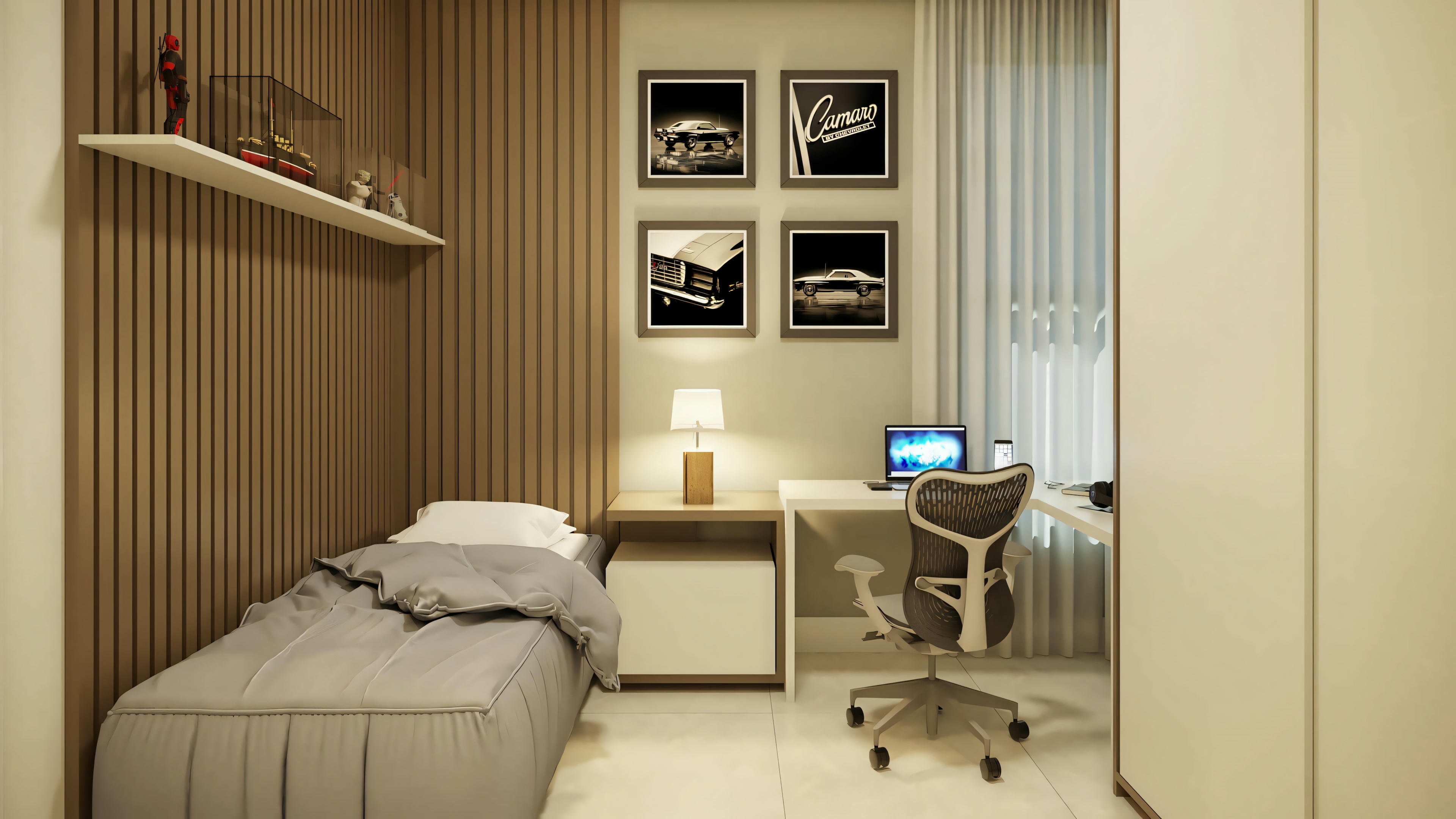 Modern bedroom with a smaller bed, computer desk, shelves with books and decorative items.