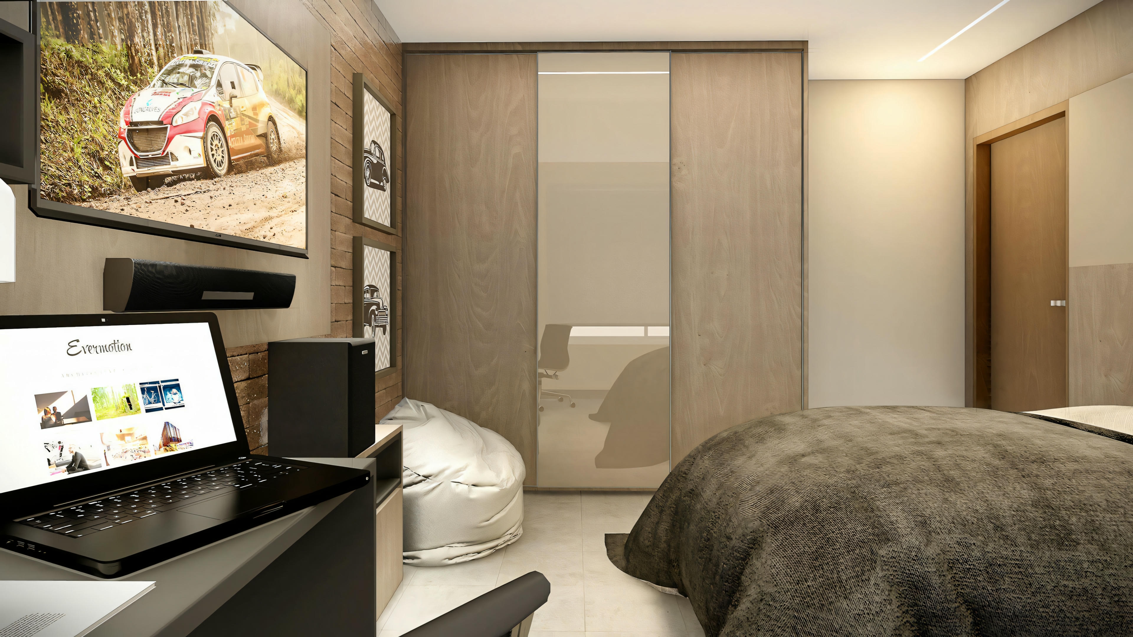 Bedroom with gray bedding, nightstand with laptop, and wardrobe in the background.
