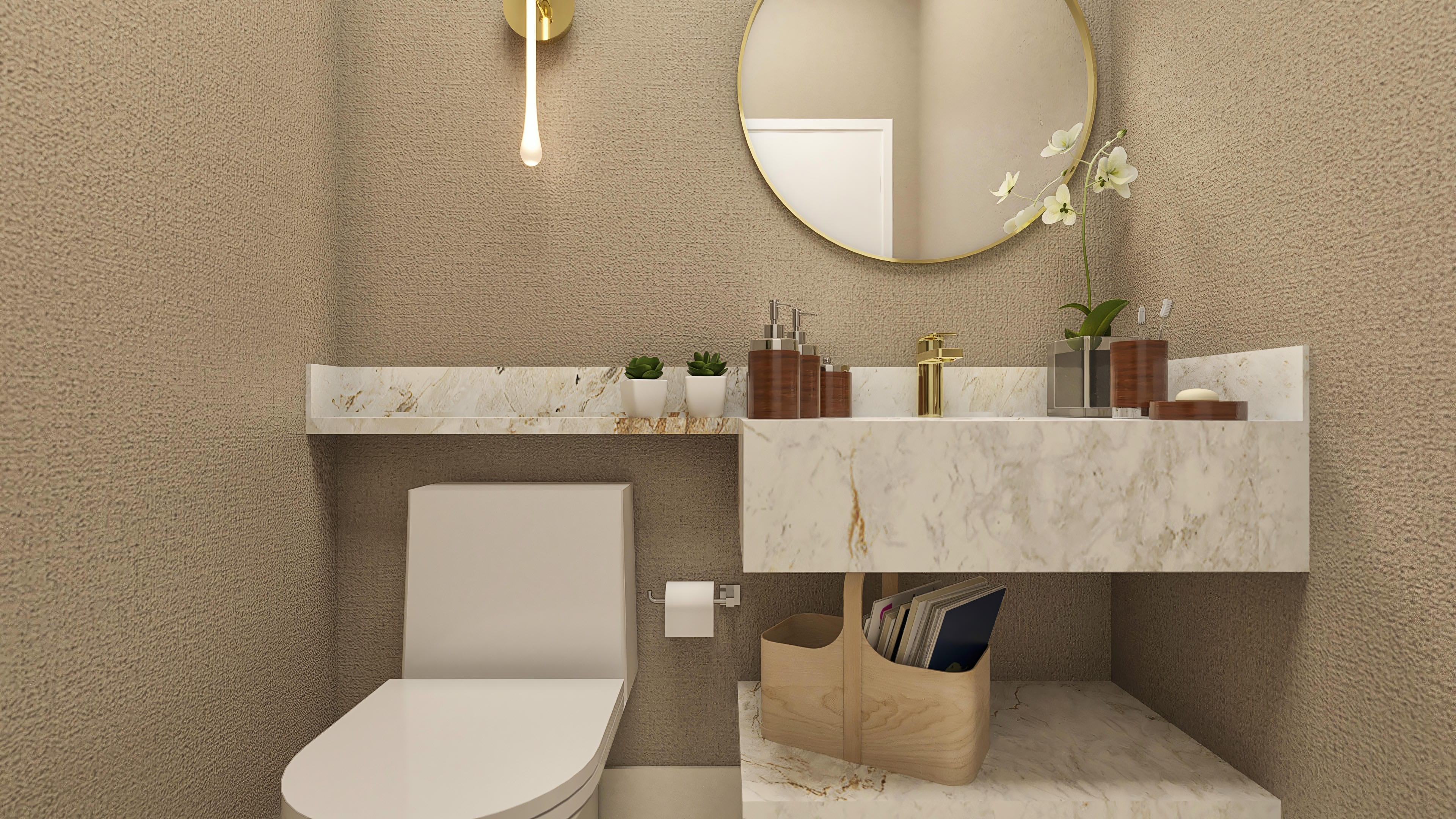 Modern bathroom interior with white toilet, gold round mirror, marble countertop with vessel sink, and wood details. The wall cladding has a striking texture.