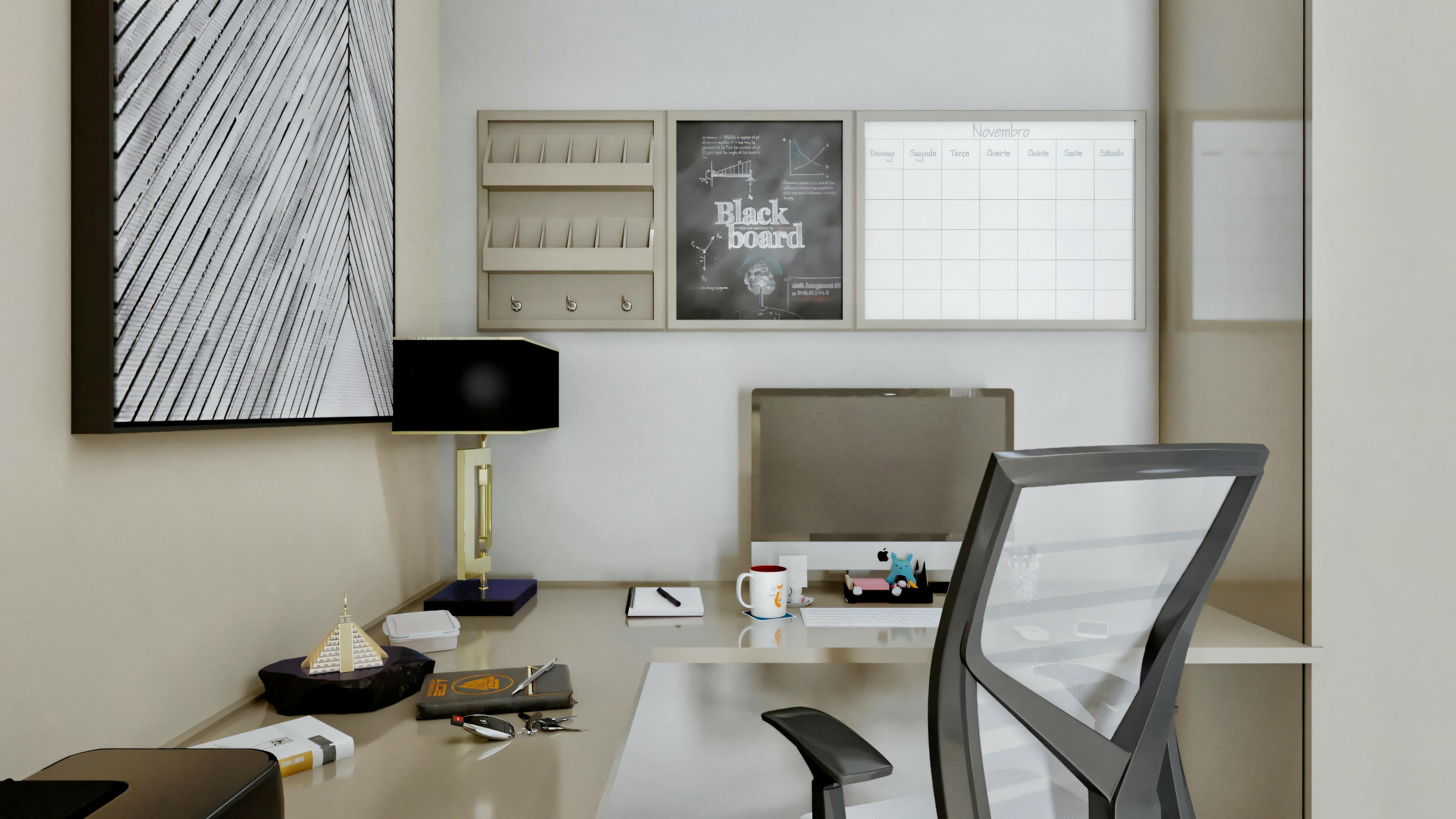 A modern home office with a desk containing a laptop, notepads, and pens.