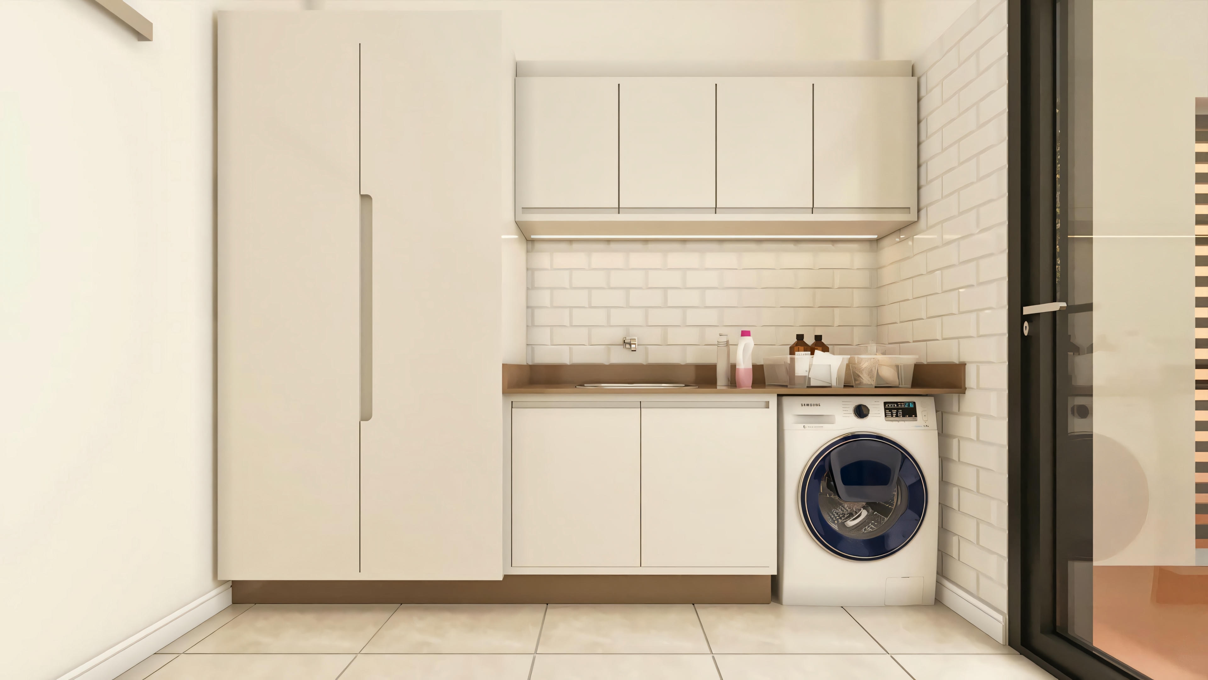 Planned laundry room in a modern house project, equipped with tall and low cabinets in a neutral tone, functional countertop, front-loading washing machine, and access to the outdoor area.