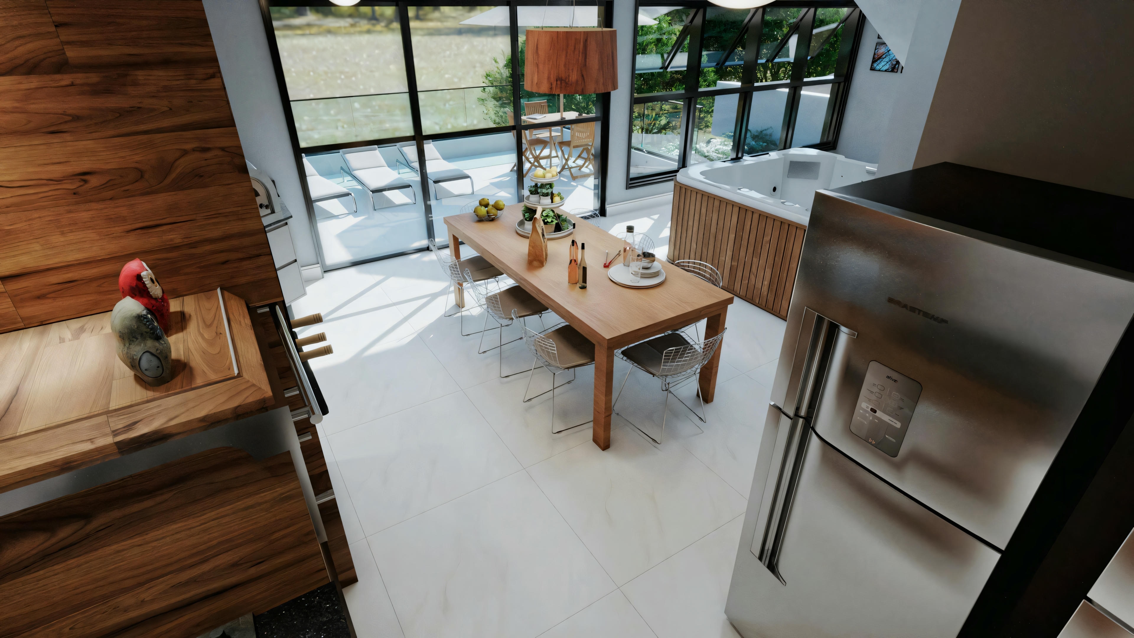 Interior space, likely a kitchen or dining area. There is a wooden table with plates and a plant in the center, surrounded by chairs.