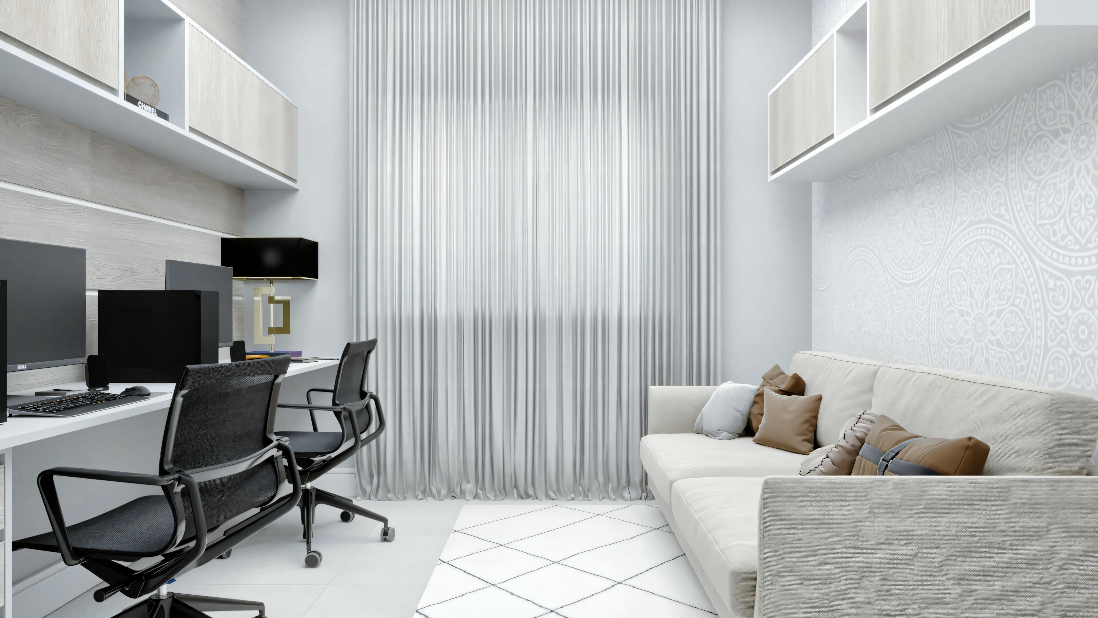 Modern office space with a black office chair, desk with a computer, and a sofa in the corner.
