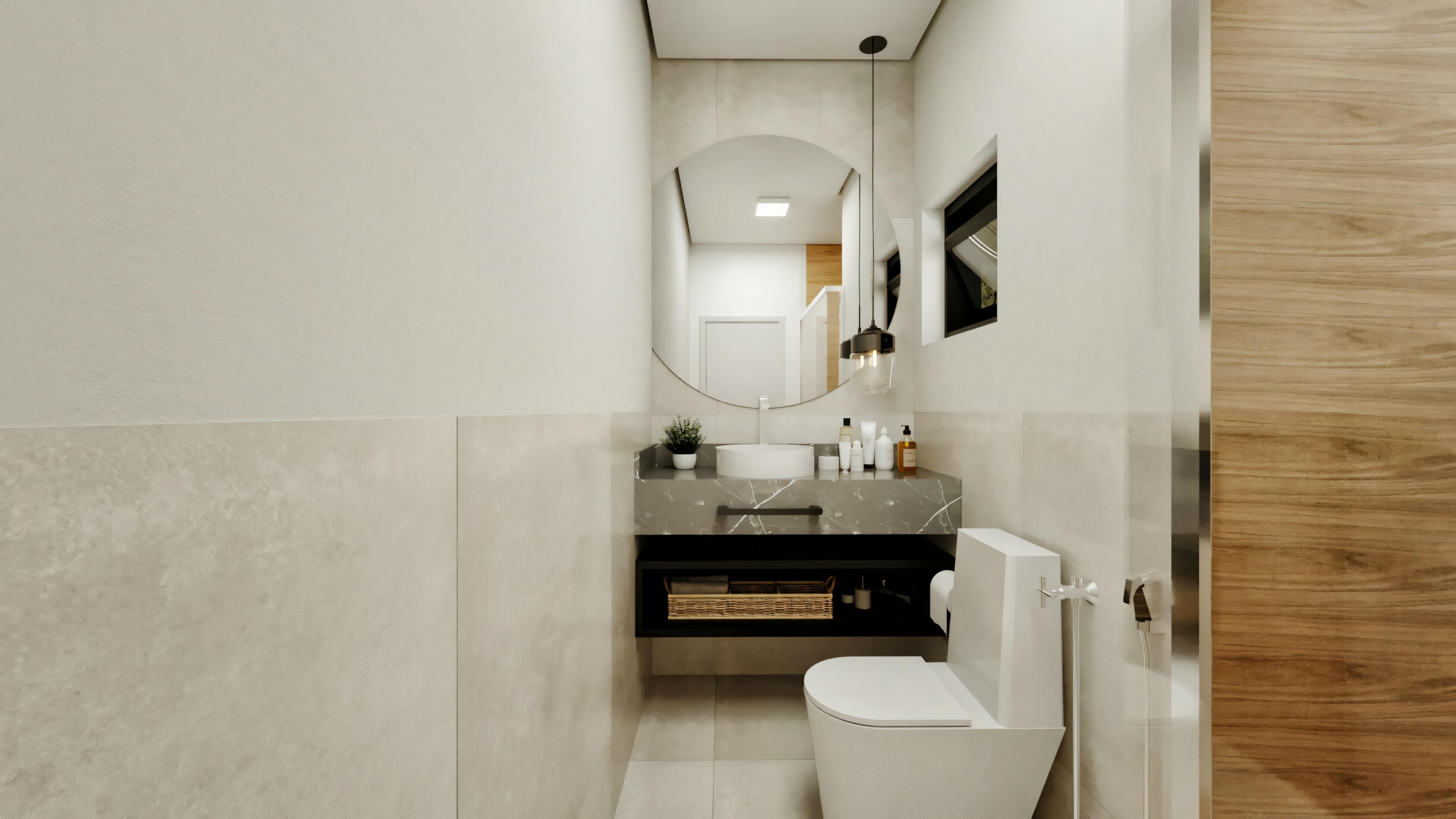 Modern powder room of a type 4 house, featuring a dark stone countertop with a round overlay sink, a large mirror, pendant lighting, a wall-hung toilet, and wooden wall detail.