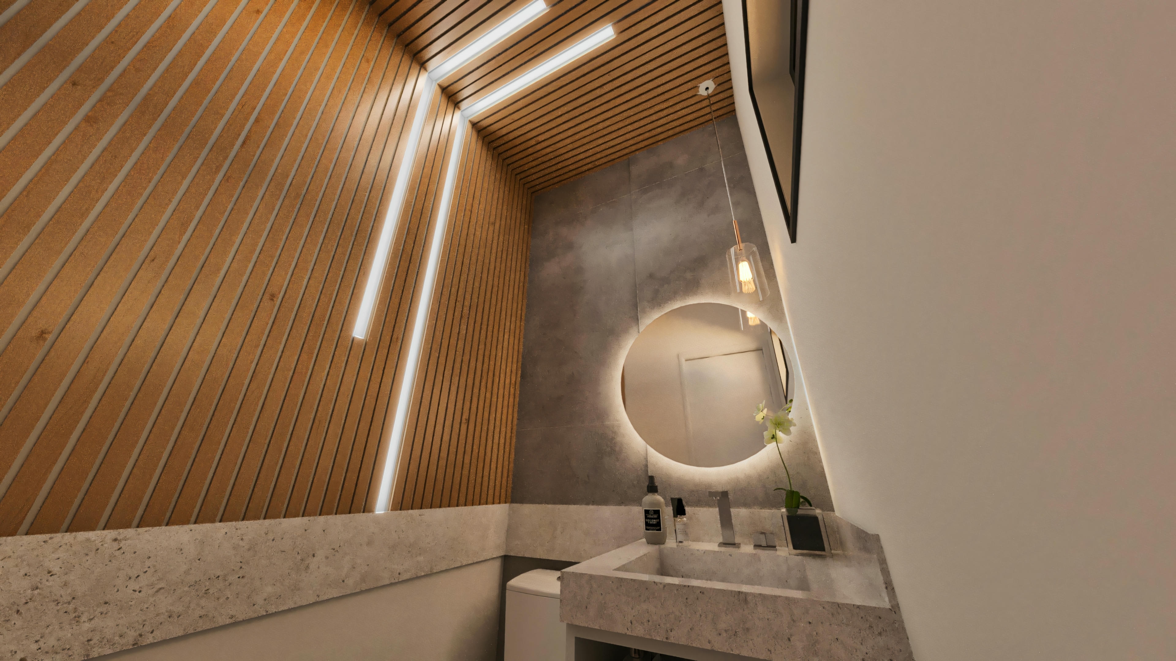 Modern powder room in a 394.84sqm house project, 4 suites, and 5 bathrooms. Highlight for the ceiling and wall in slatted wood panel with built-in linear LED lighting strips, retro-illuminated round mirror, decorative pendant, light stone countertop with a vessel or integrated sink, and side wall with textured cement-like finish.