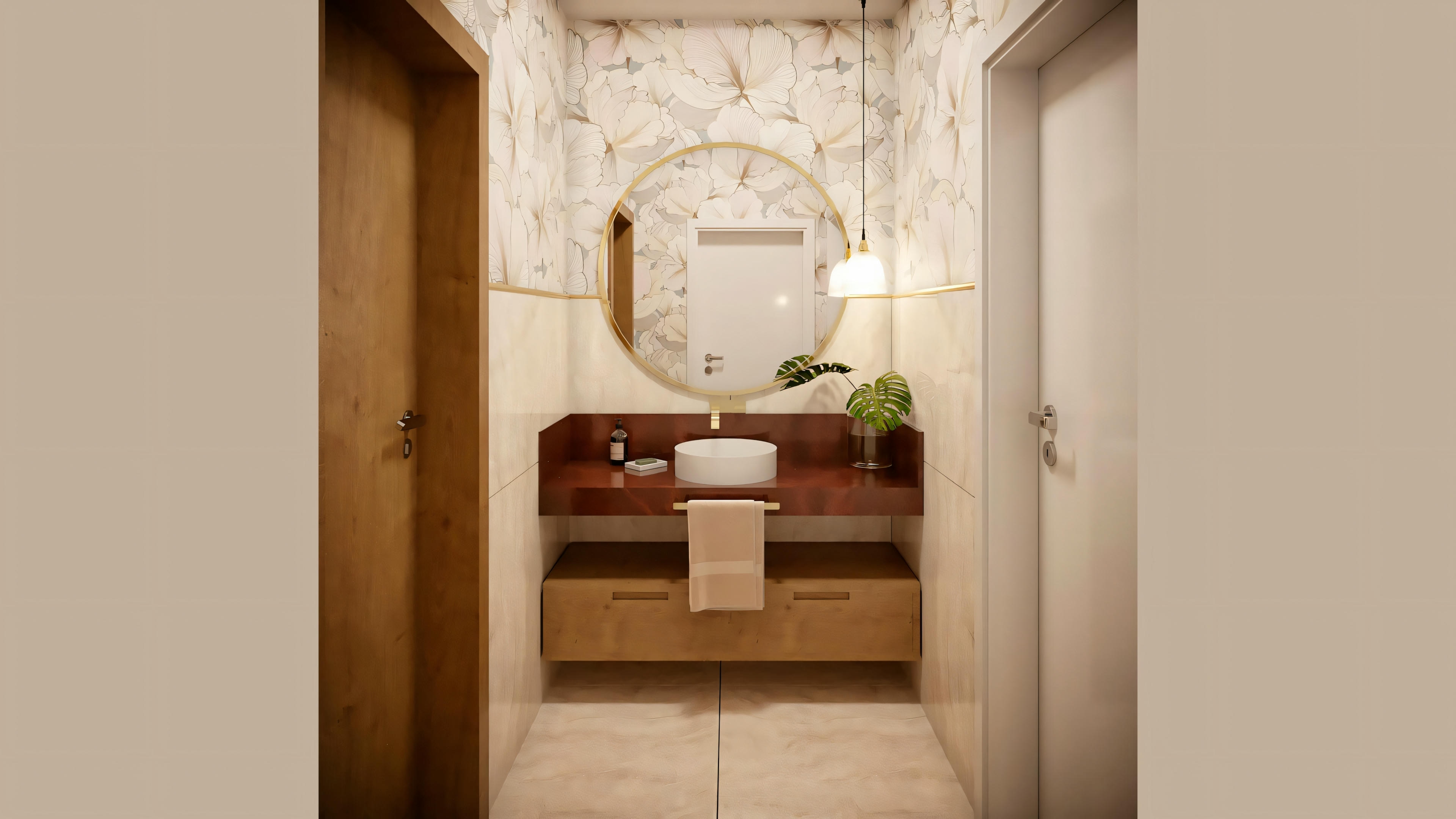 An interior space with an open door on the left, a round mirror on the wall, and a table or shelf with a plant pot.