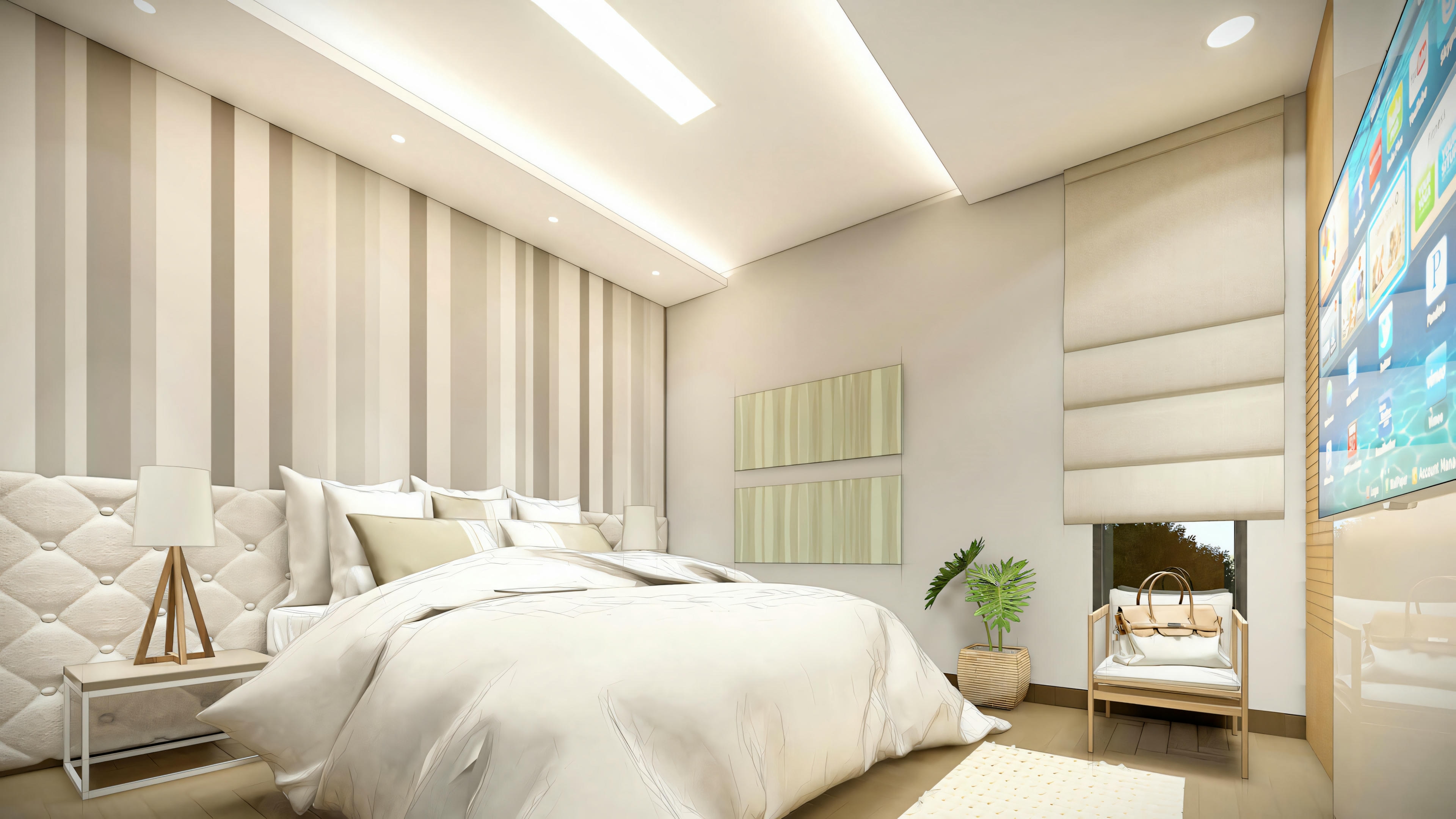 Interior design project for a modern house suite, featuring a bed with a tall upholstered headboard with button tufting, a feature wall with vertical stripes, recessed lighting in a plaster cove ceiling, a window with Roman blinds and contemporary decoration.