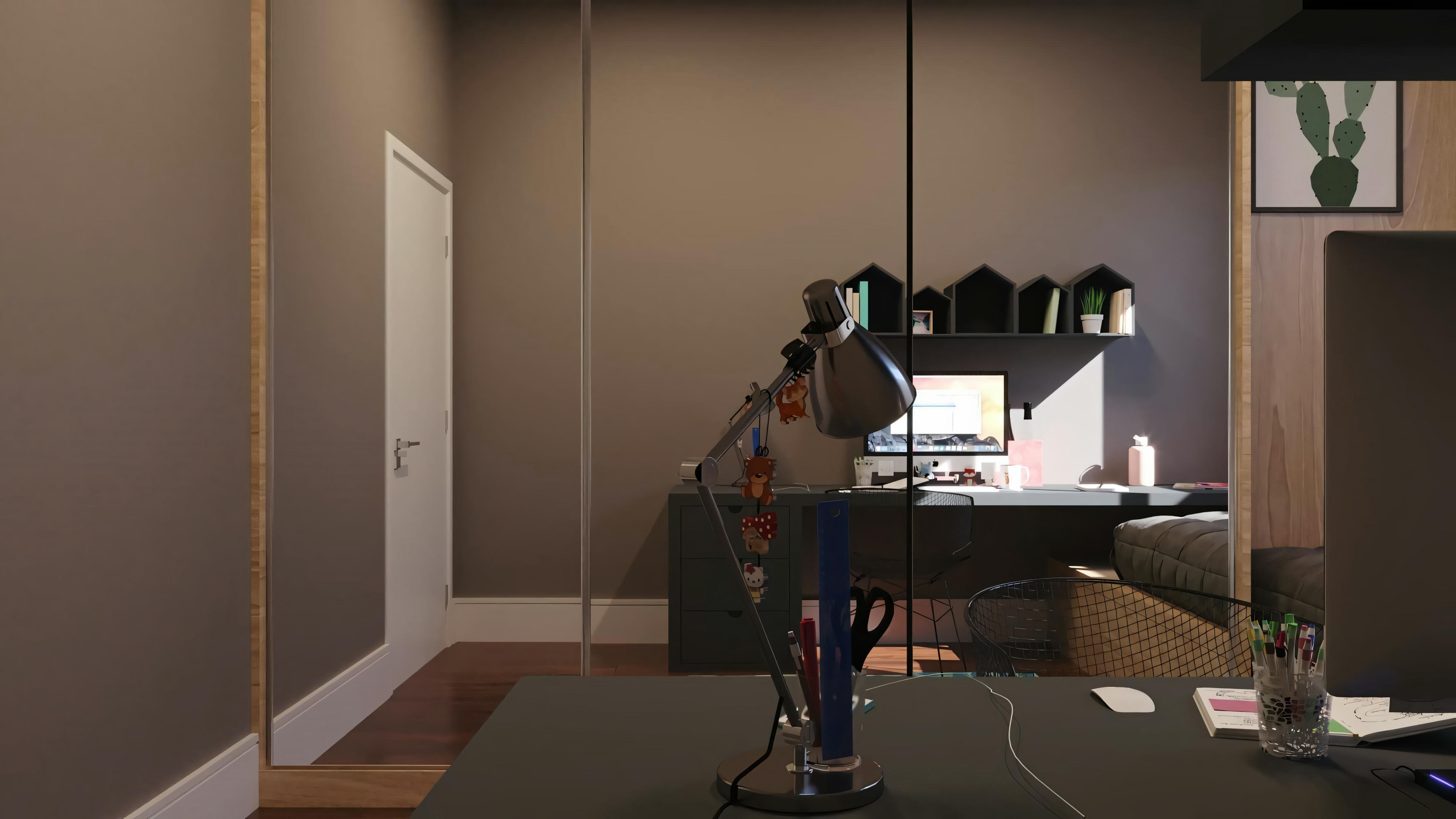 An office or study room with a desk, computer monitors, and various items scattered around, illuminated by the light from the monitors.