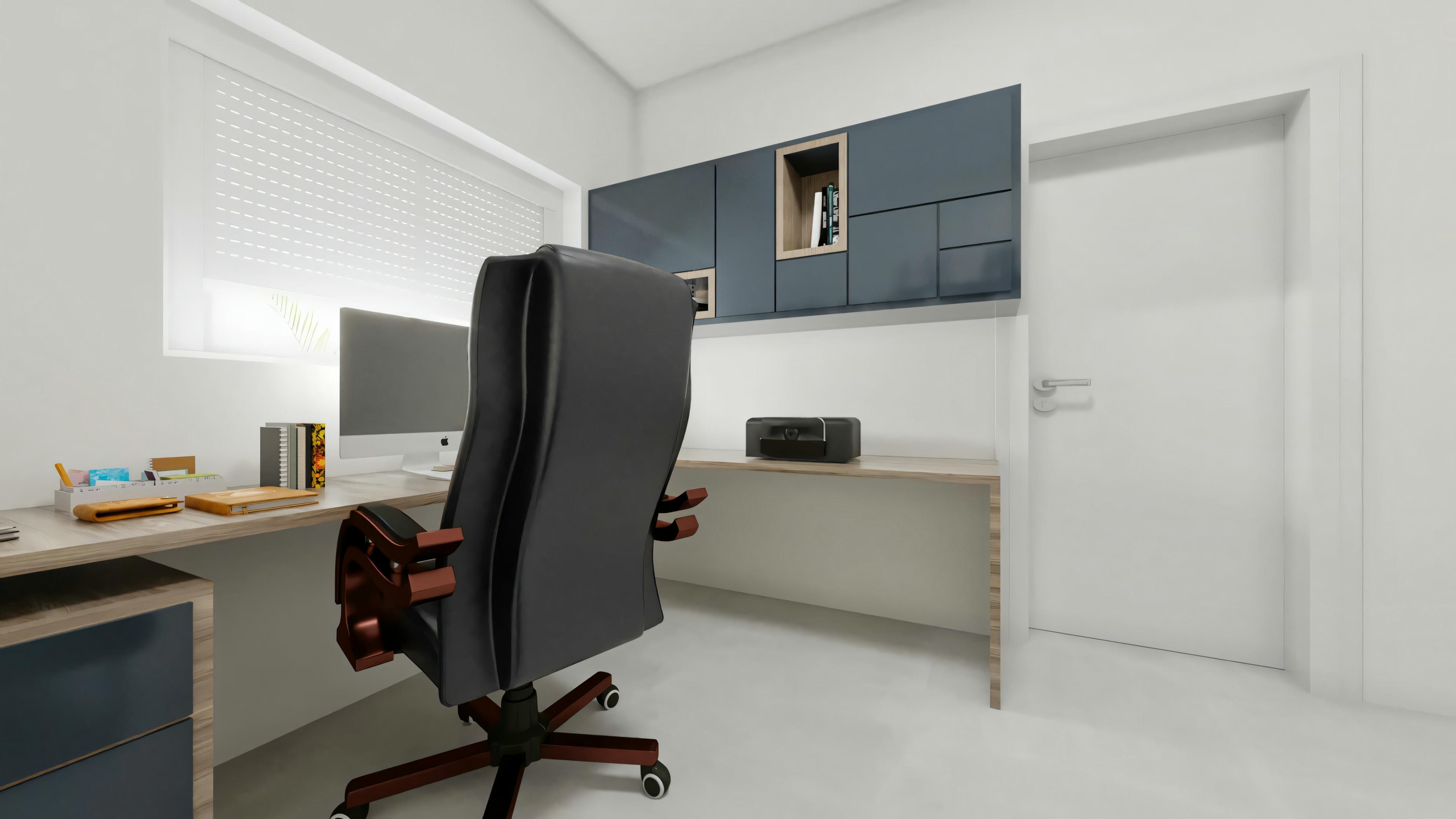 Vista del espacio de oficina en casa incluido en el proyecto de casa de dos plantas con 3 dormitorios y piscina. Mobiliario planificado con escritorio y armarios. Proyecto listo Archshop.