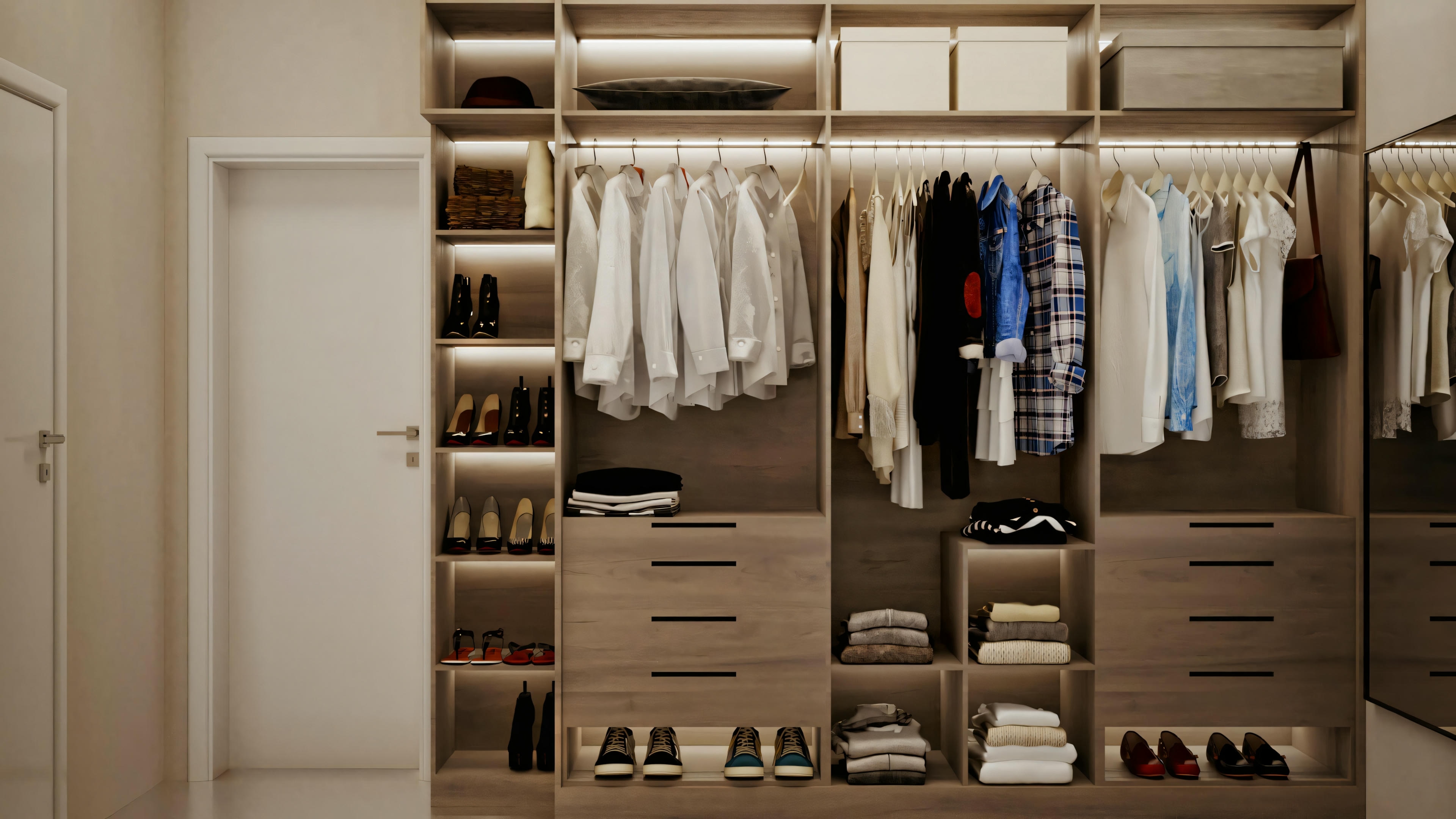 Organized closet with hanging clothes and shelves.