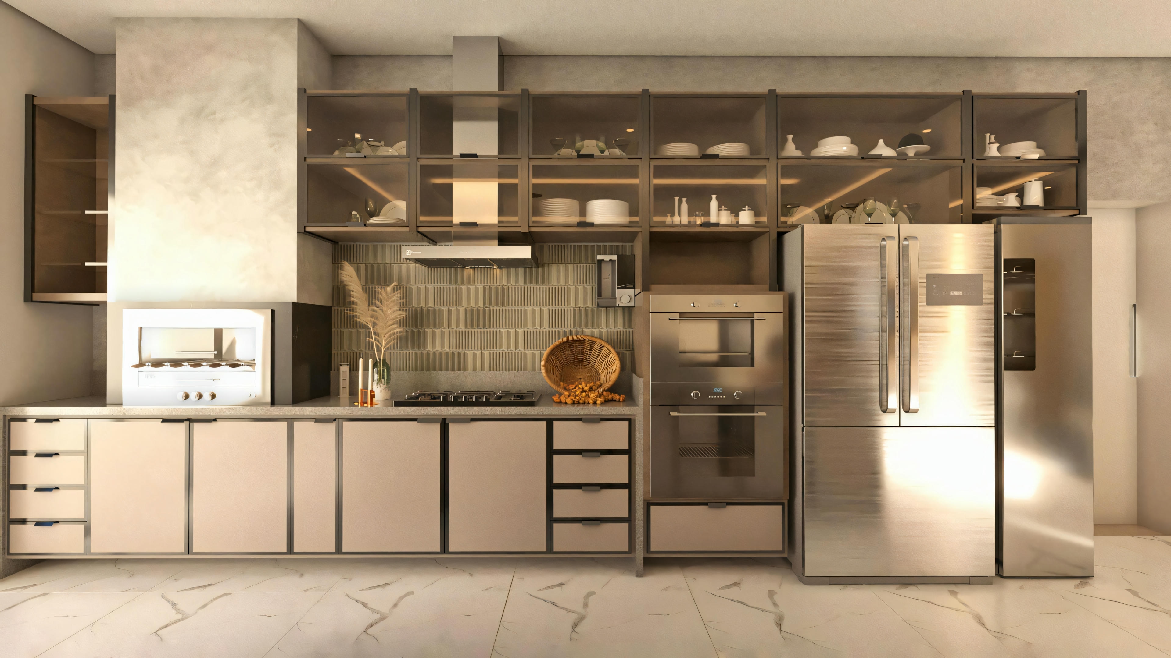 Detail of the planned kitchen or gourmet area in a bungalow house project with 3 suites. Features modern cabinets, a countertop, stainless steel appliances, and distinctive wall cladding. This bungalow house is 276.43m² and includes 3 suites and an office.