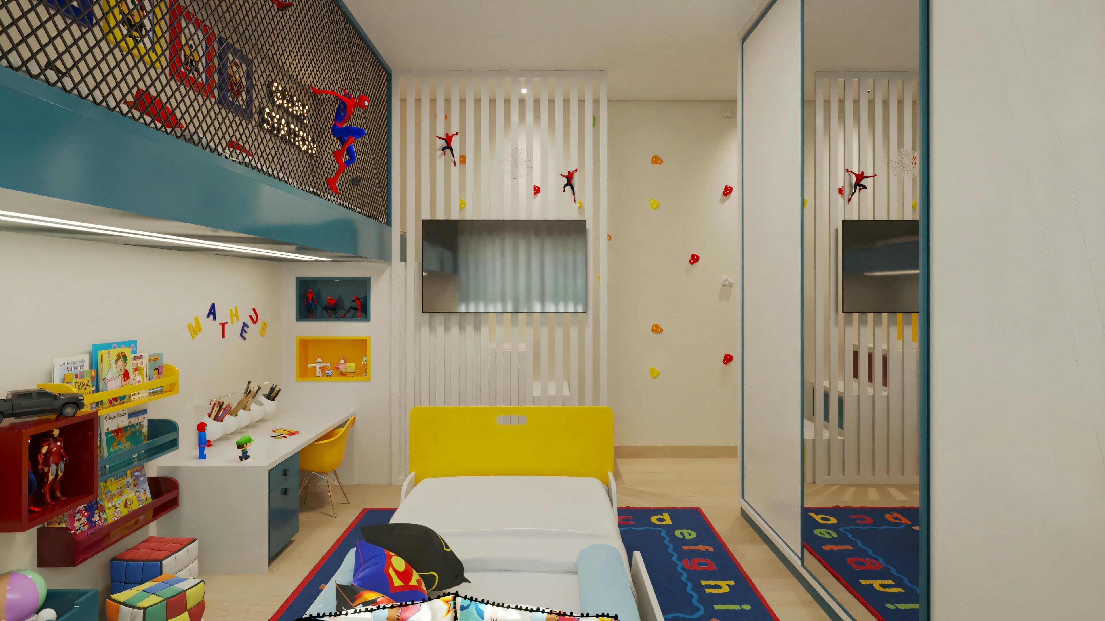 Vista del cuarto infantil de una de las 5 suites del proyecto listo, mostrando la cama, armario espejado, divisoria de listones de madera con TV y altillo.
