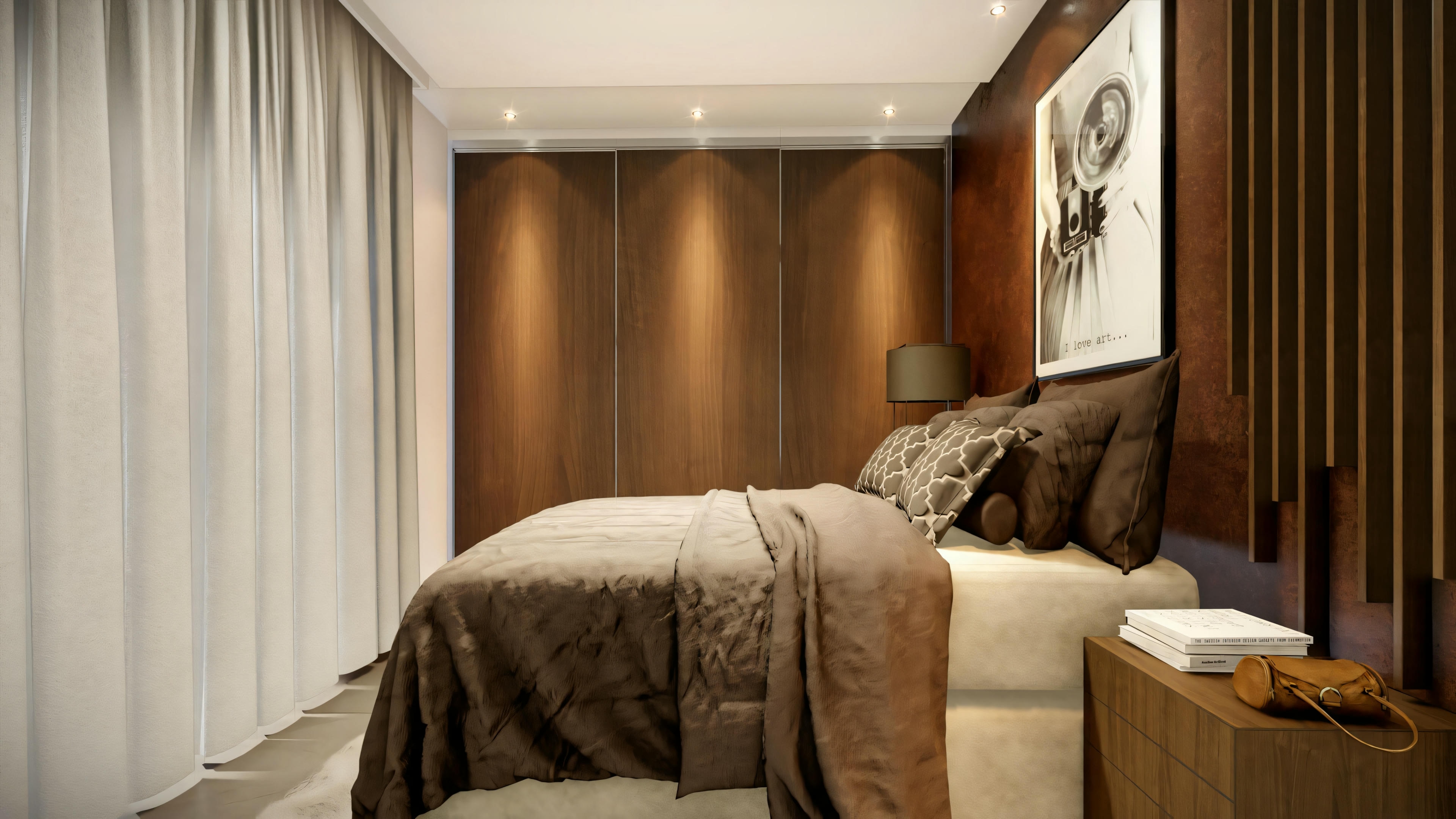 Quarto com cama e mesas de cabeceira.