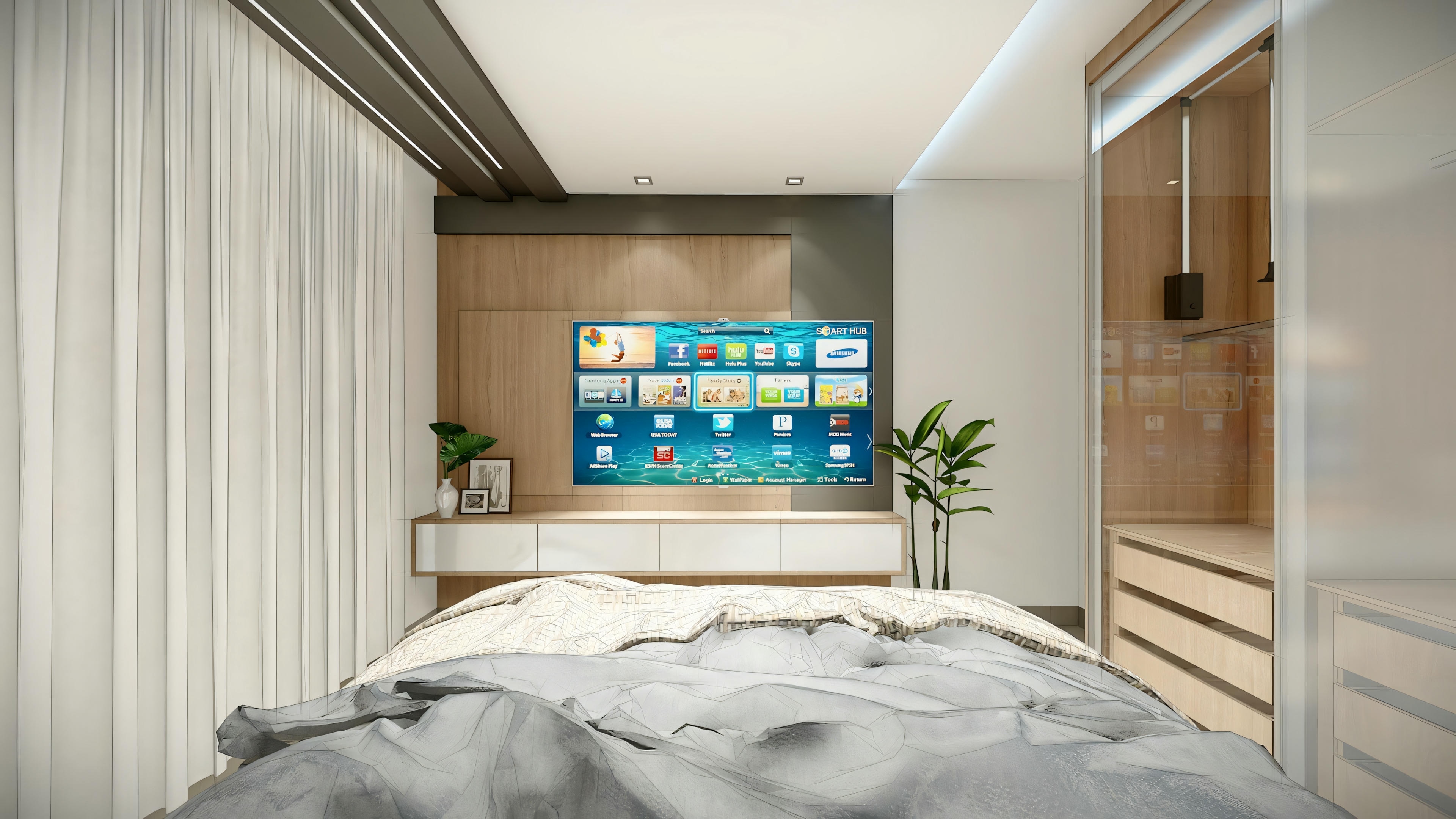 Um quarto com uma cama de roupa de cama cinza, mesas de cabeceira de madeira, paredes revestidas de painéis de madeira e uma televisão na parede oposta à cama.
