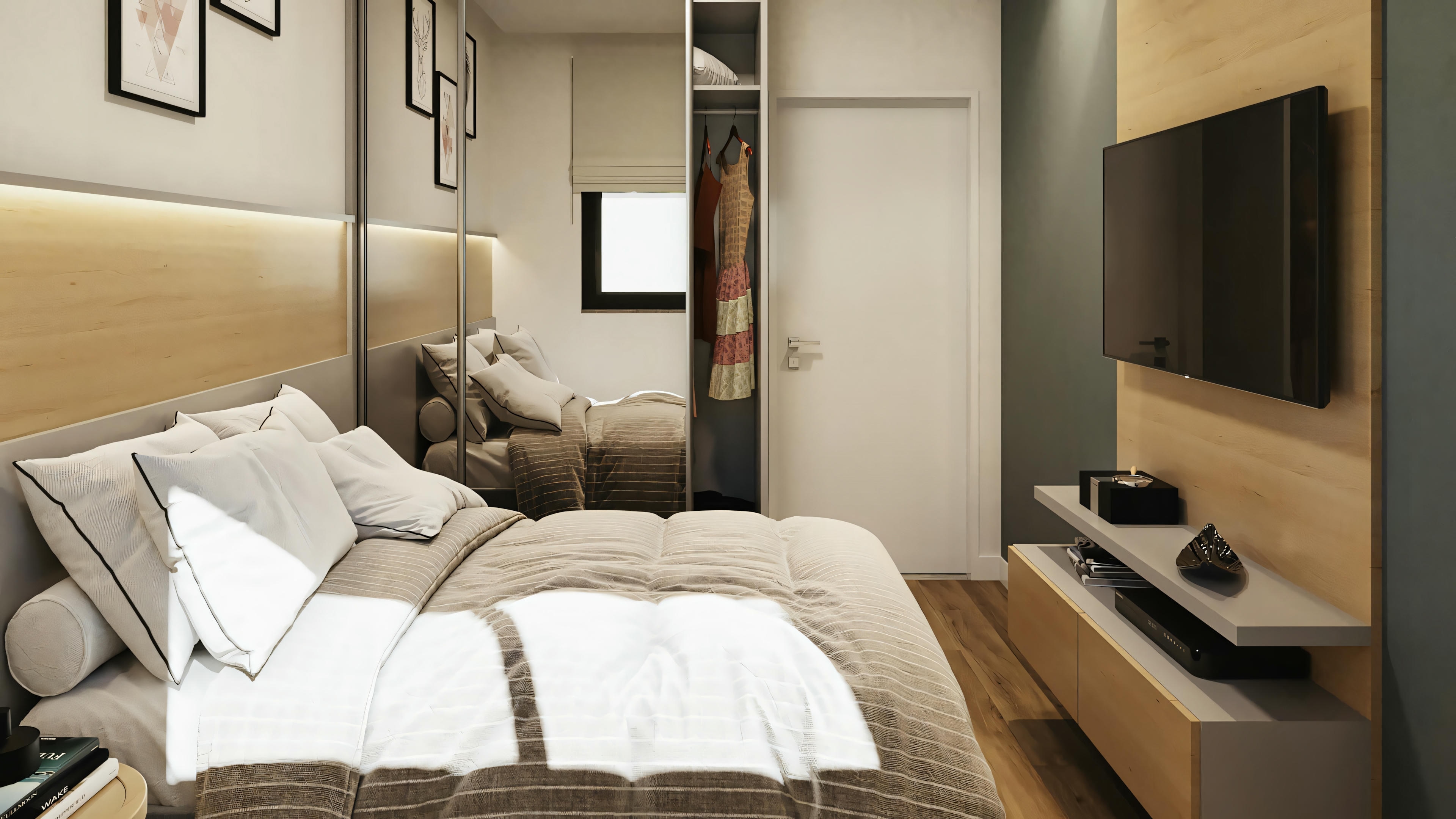 Quarto com cama grande, mesas de cabeceira, luminária e televisão montada na parede.