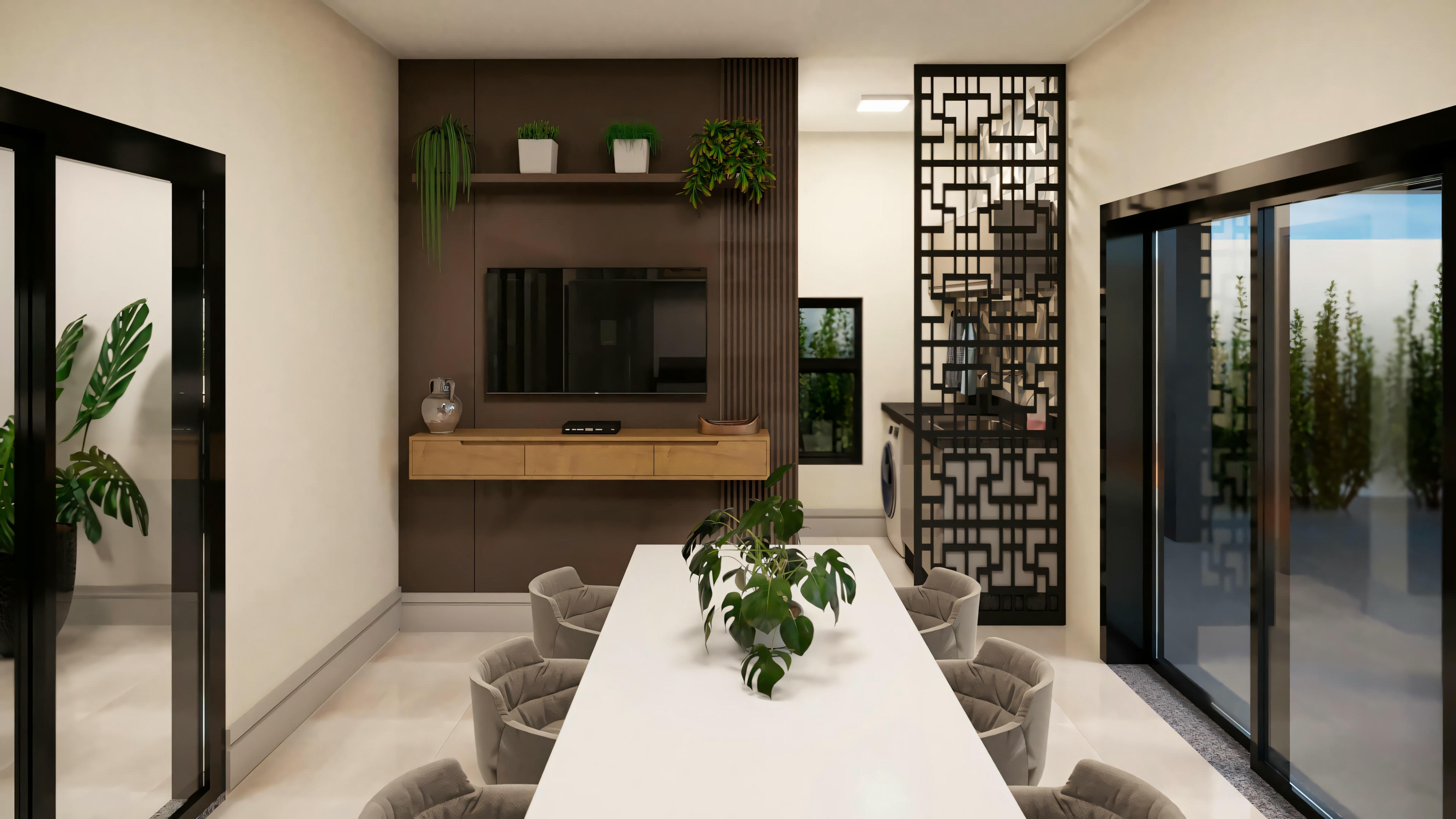 Sala de estar moderna com sofá, mesa de centro e unidade de entretenimento com revestimento de pedra na parede.