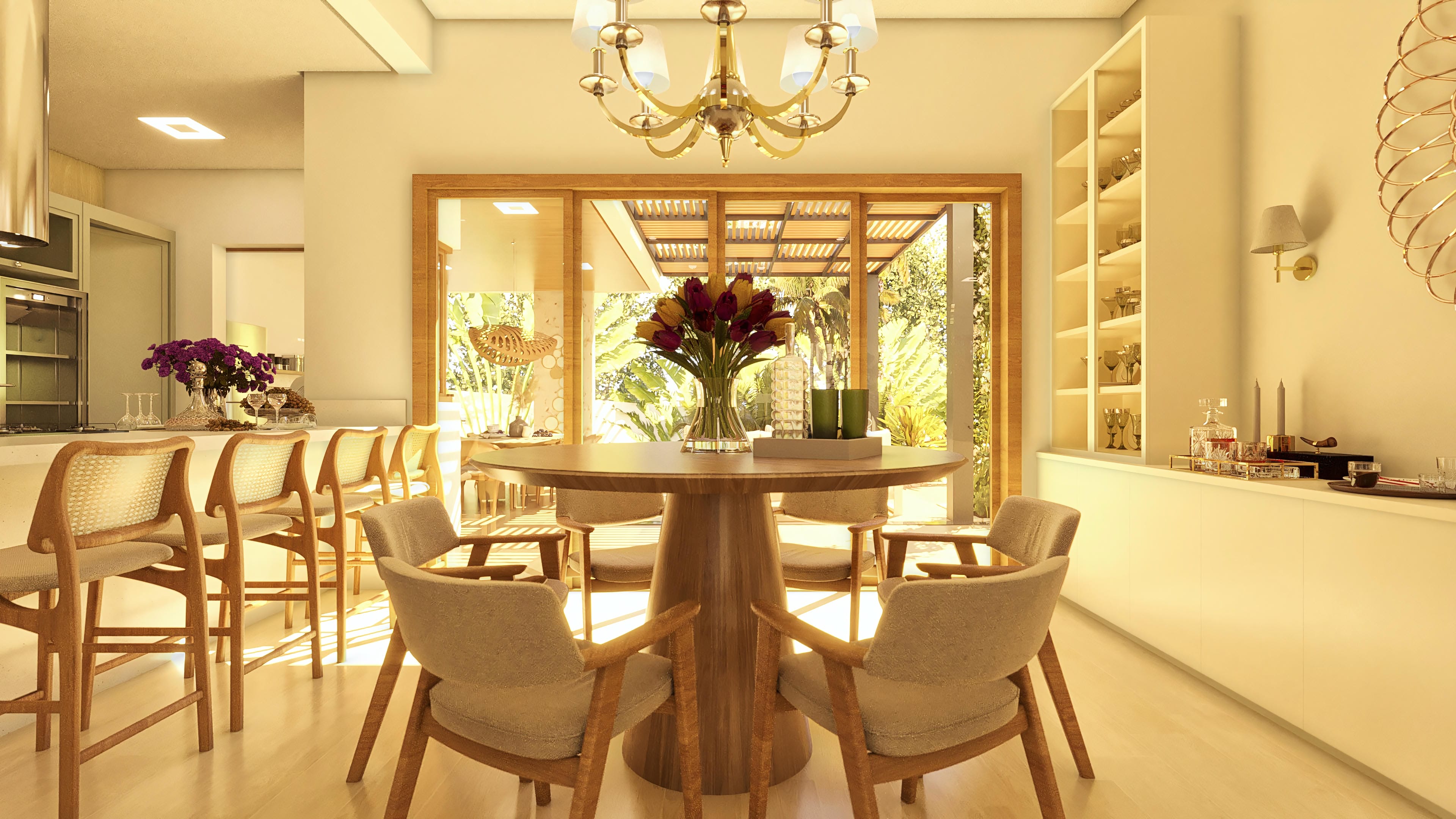 Interior de una casa de una planta moderna con comedor, cocina americana y área gourmet integrada con paisagismo exuberante.