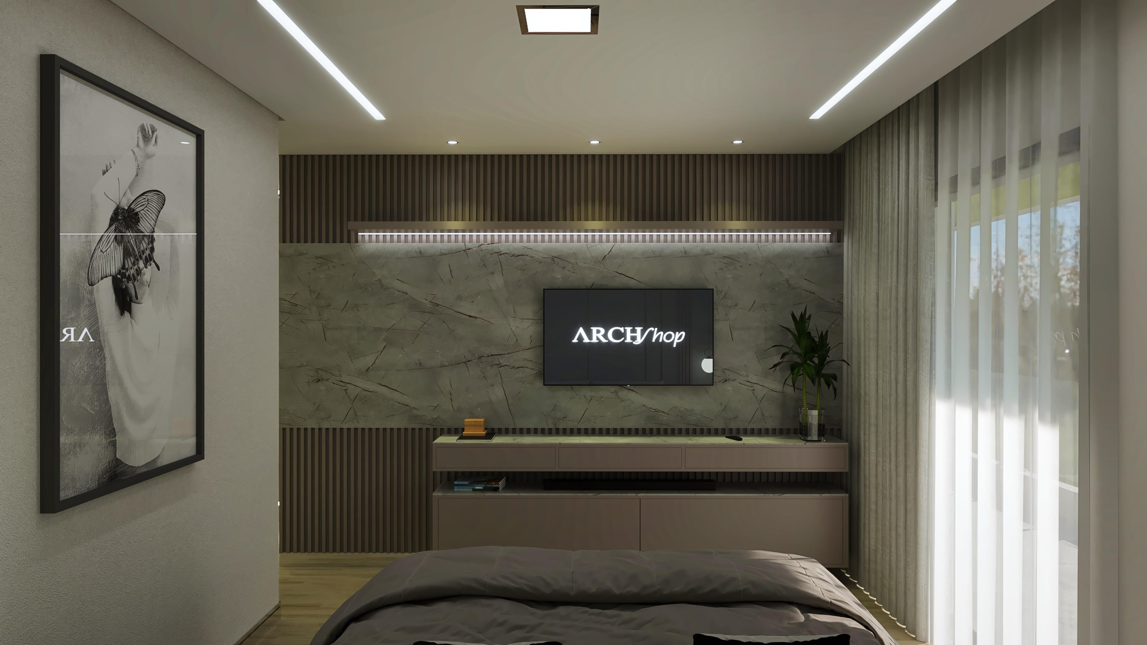 Interior moderno com papel de parede texturizado, quadro grande e iluminação em LED. Mobília elegante e painel de TV com revestimento marmorizado.