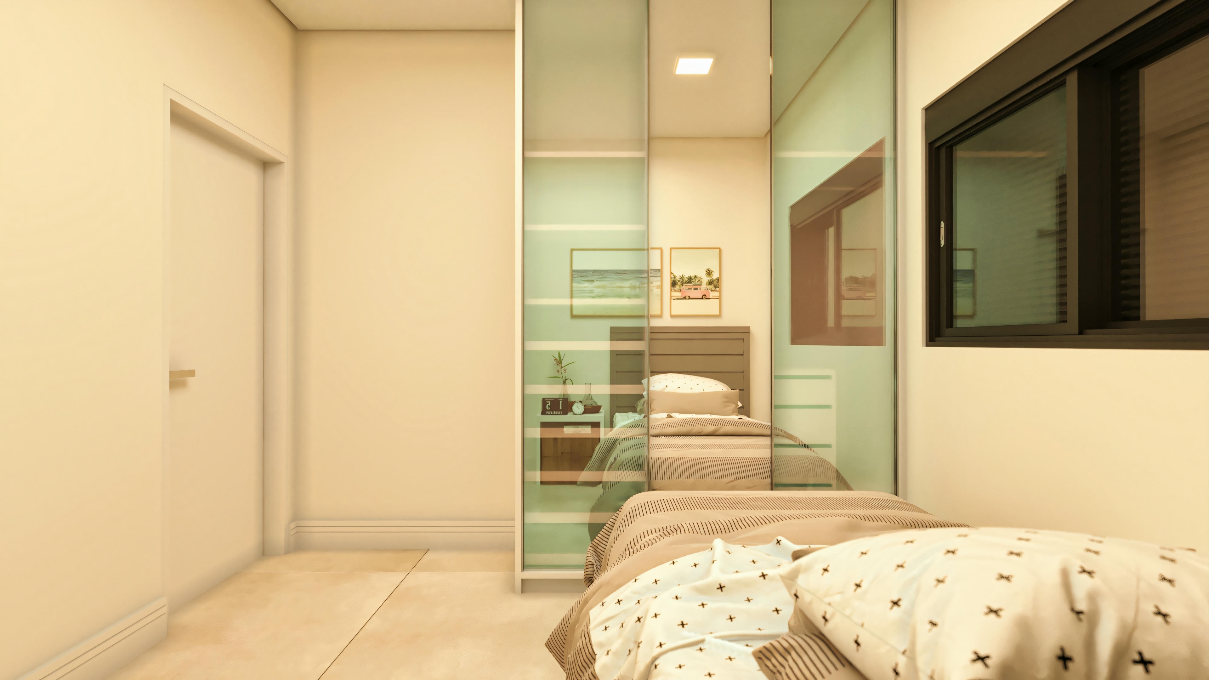 Visión interna de habitación en casa de dos plantas moderna, perspectiva de la cama en dirección al armario con puertas espejadas y puerta de acceso. Distribución de una de las 4 habitaciones.
