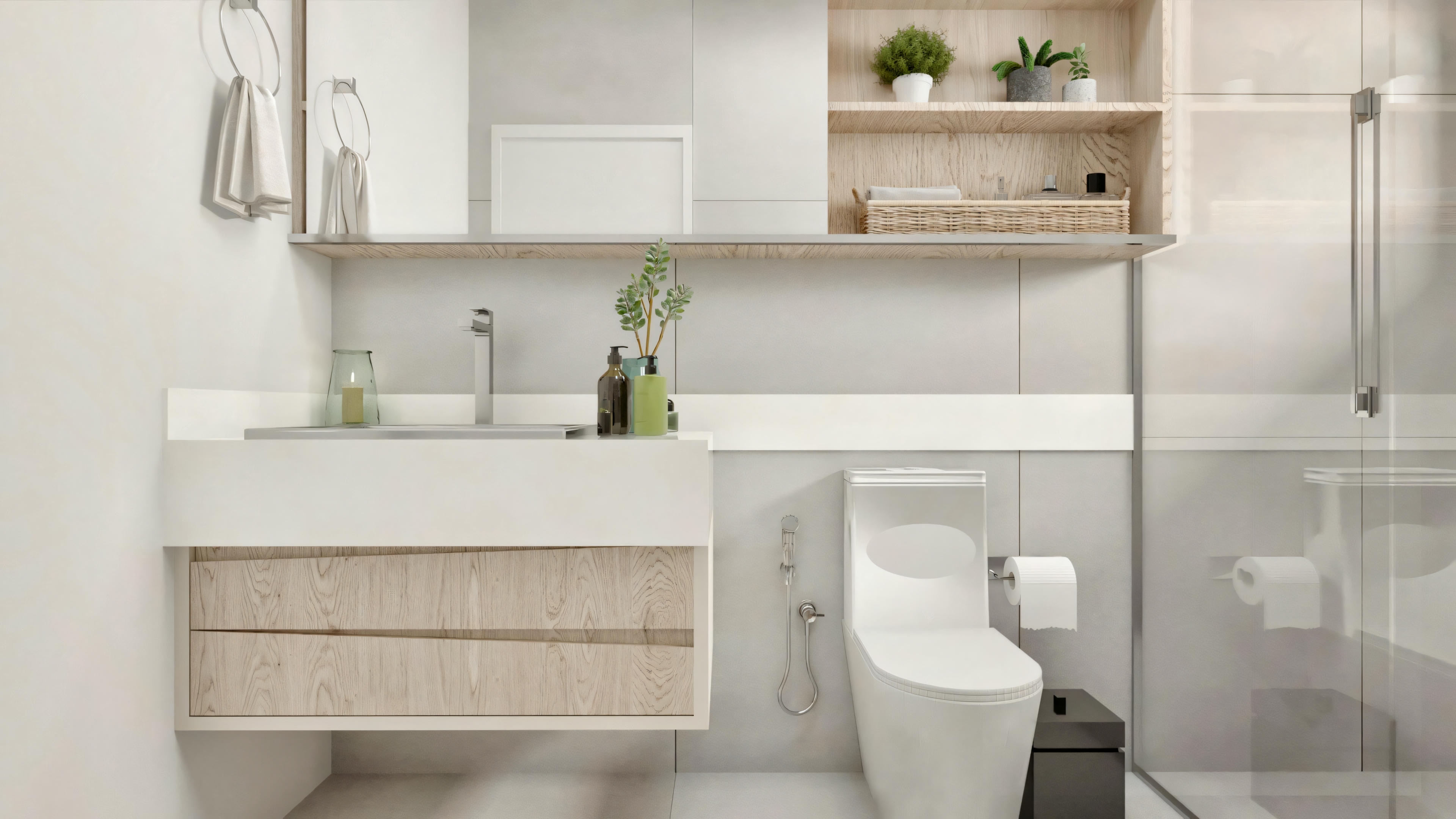 Um banheiro moderno com pia branca, gabinete inferior, espelho, prateleiras flutuantes com itens decorativos e parte de um vaso sanitário.