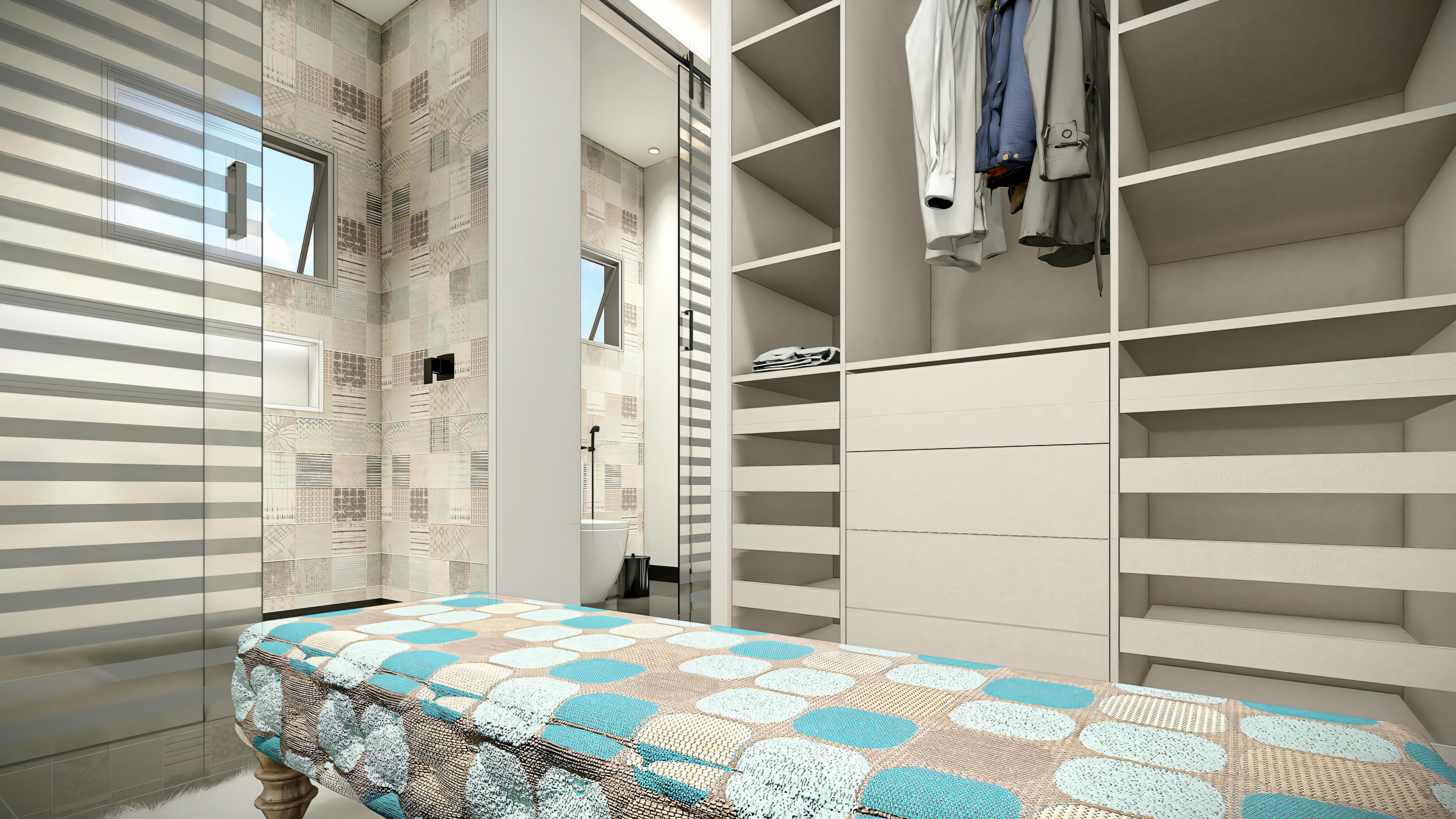 Un baño con área de ducha cerrada, un banco con cojín de padrão azul y blanco, y paredes con azulejos rayados horizontales.