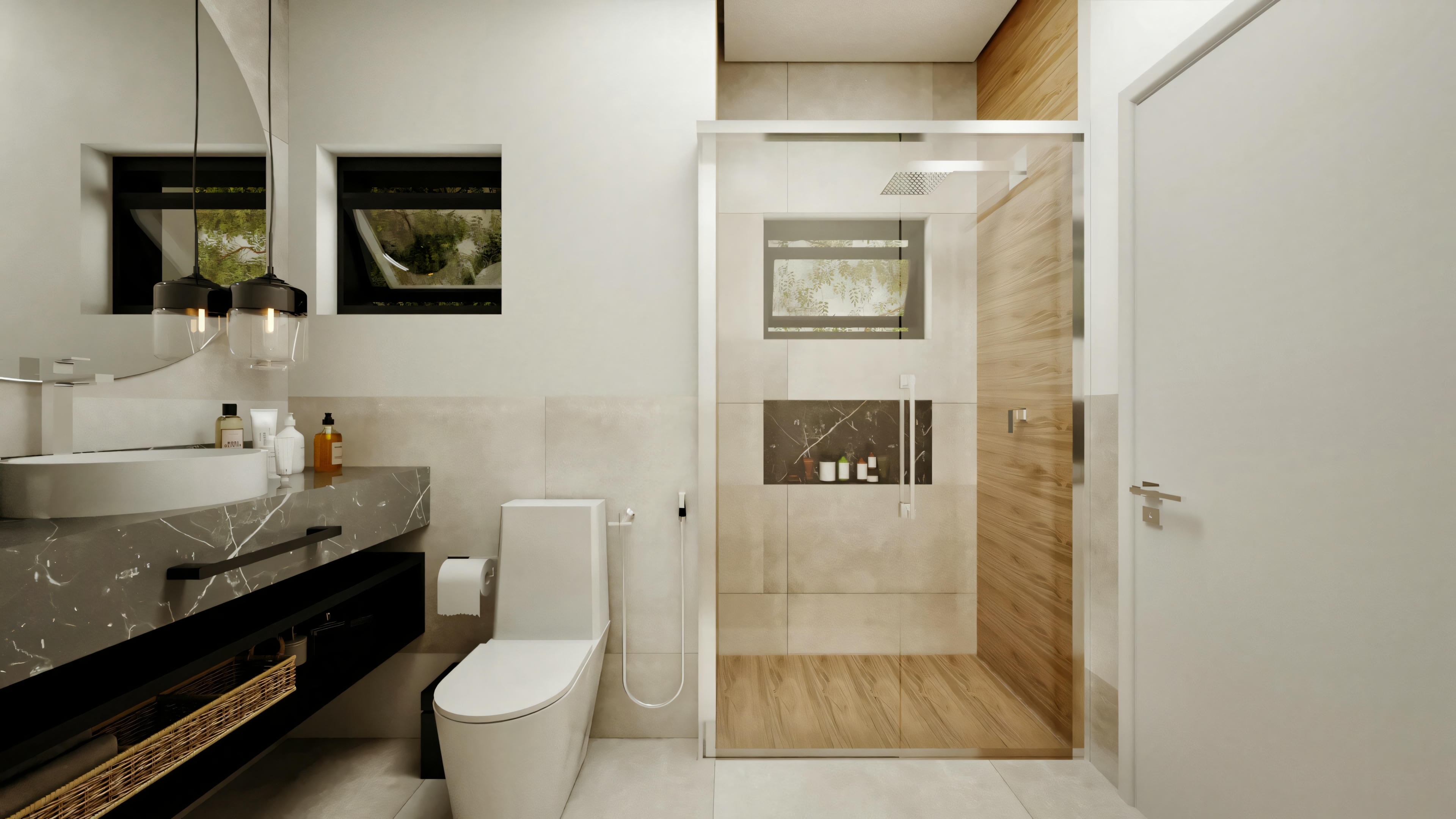 Baño de una suite en casa moderna tipo 4, con encimera de piedra oscura, lavabo sobrepuesto, inodoro, y ducha con puerta de vidrio, hornacina empotrada y revestimiento tipo madera.