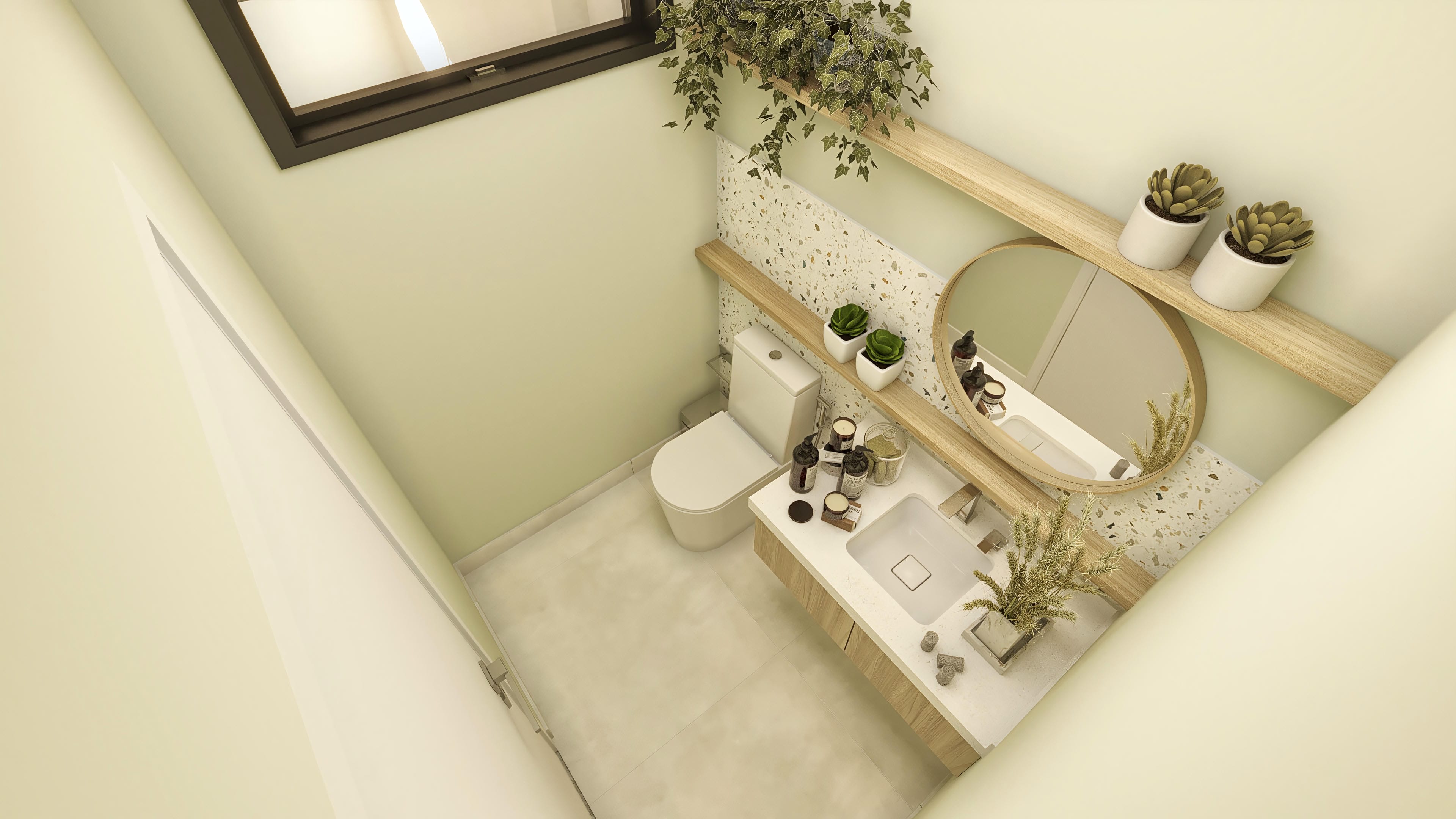 Detail of a modern bathroom with a wooden counter, round mirror and niche with plants, light floor and textured wall.