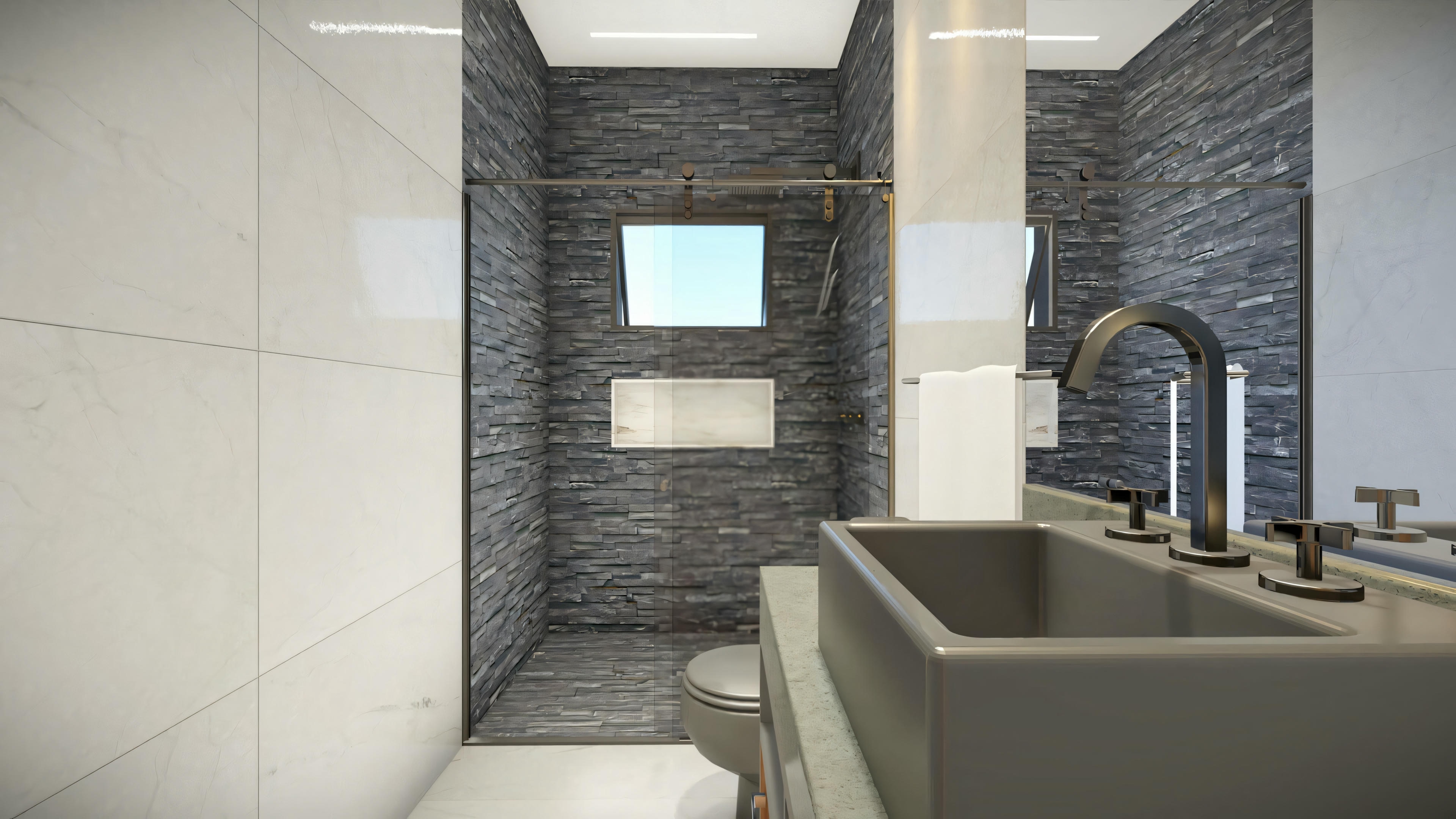 Modern bathroom with walk-in shower.