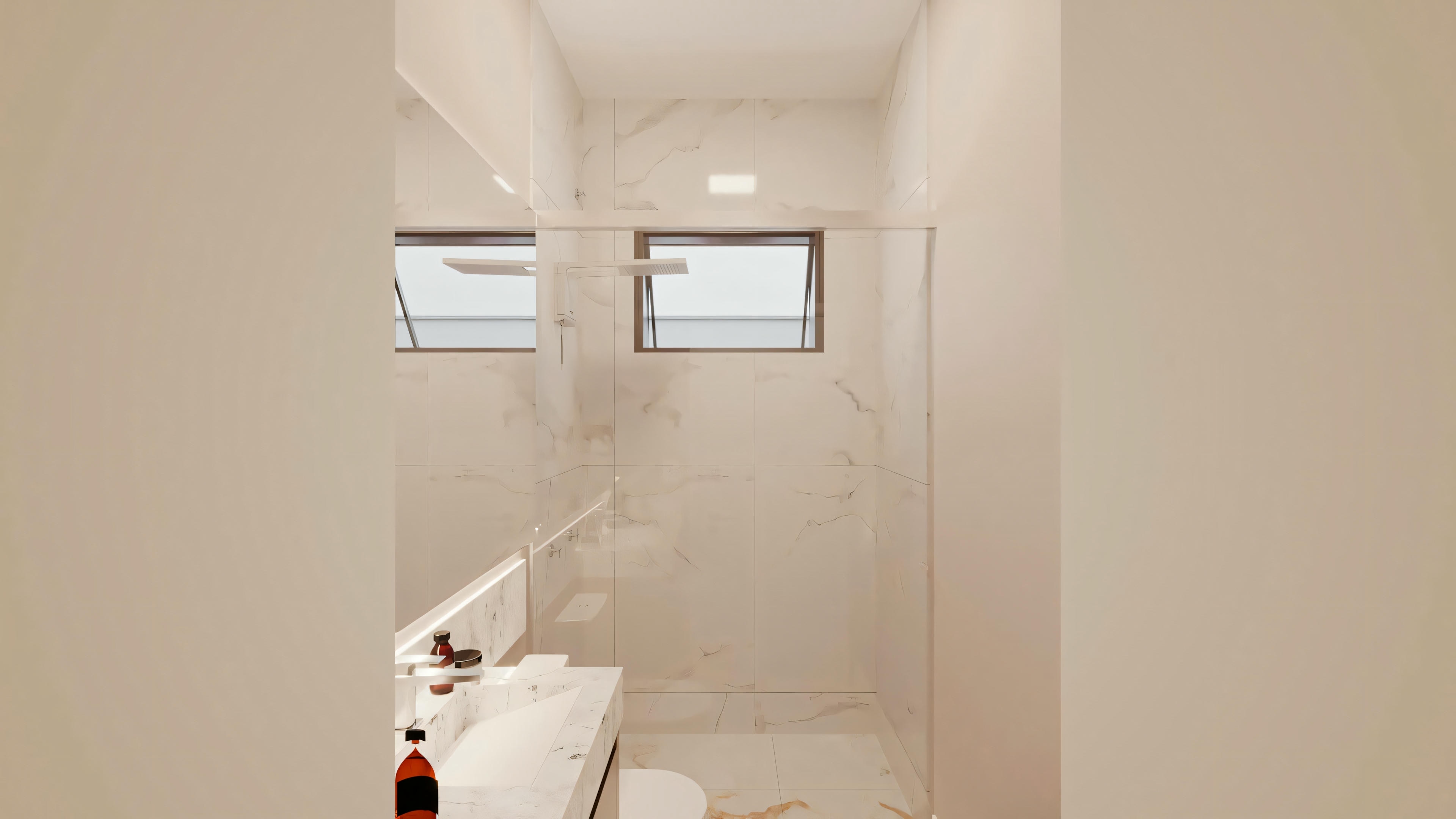 A bathroom with a white bathtub, an enclosed shower area with clear glass doors, and a small window above the bathtub.