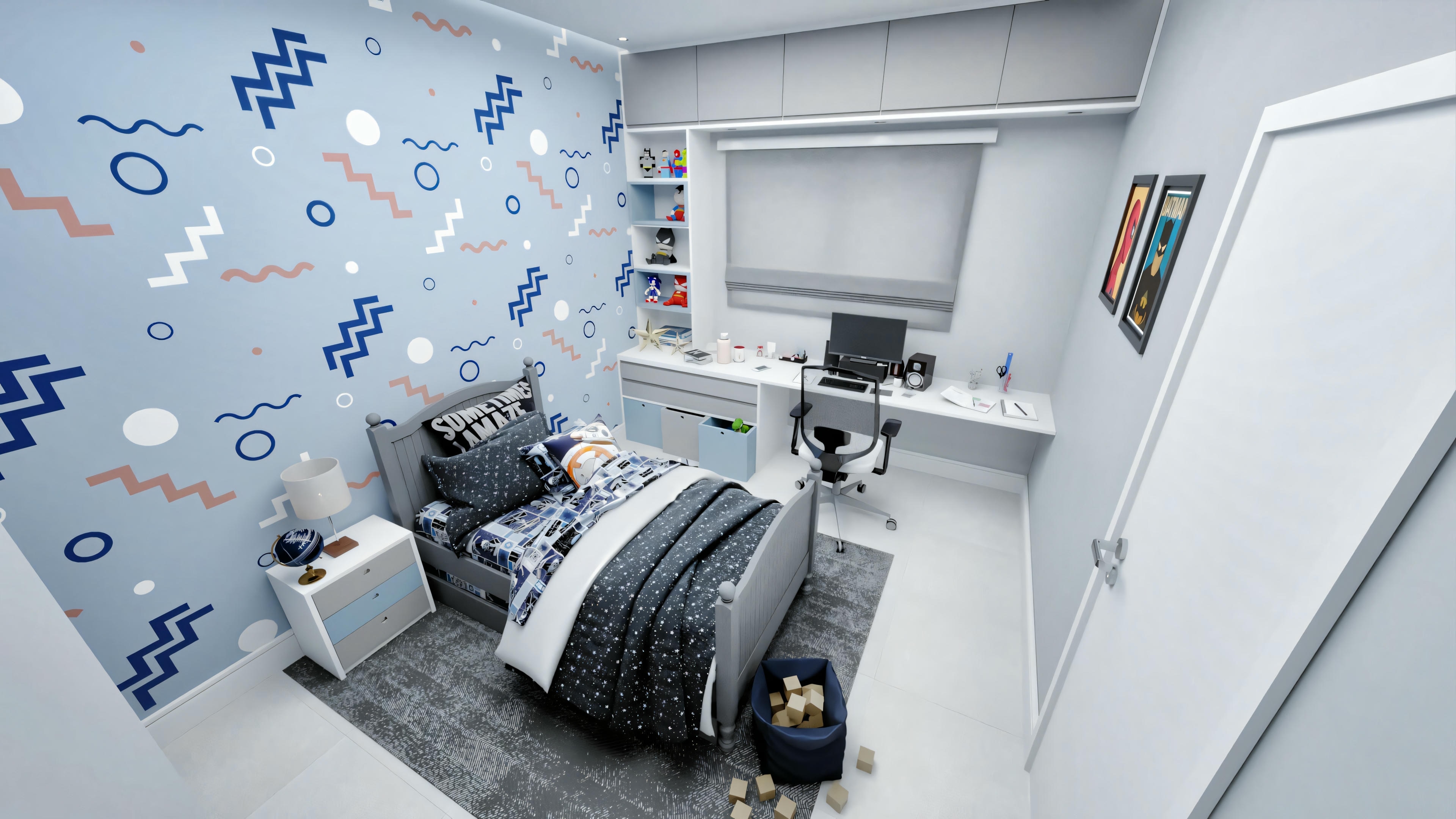 Bedroom with a bed, wall art featuring blue 3D letters and numbers, and a small desk with a chair in the corner.