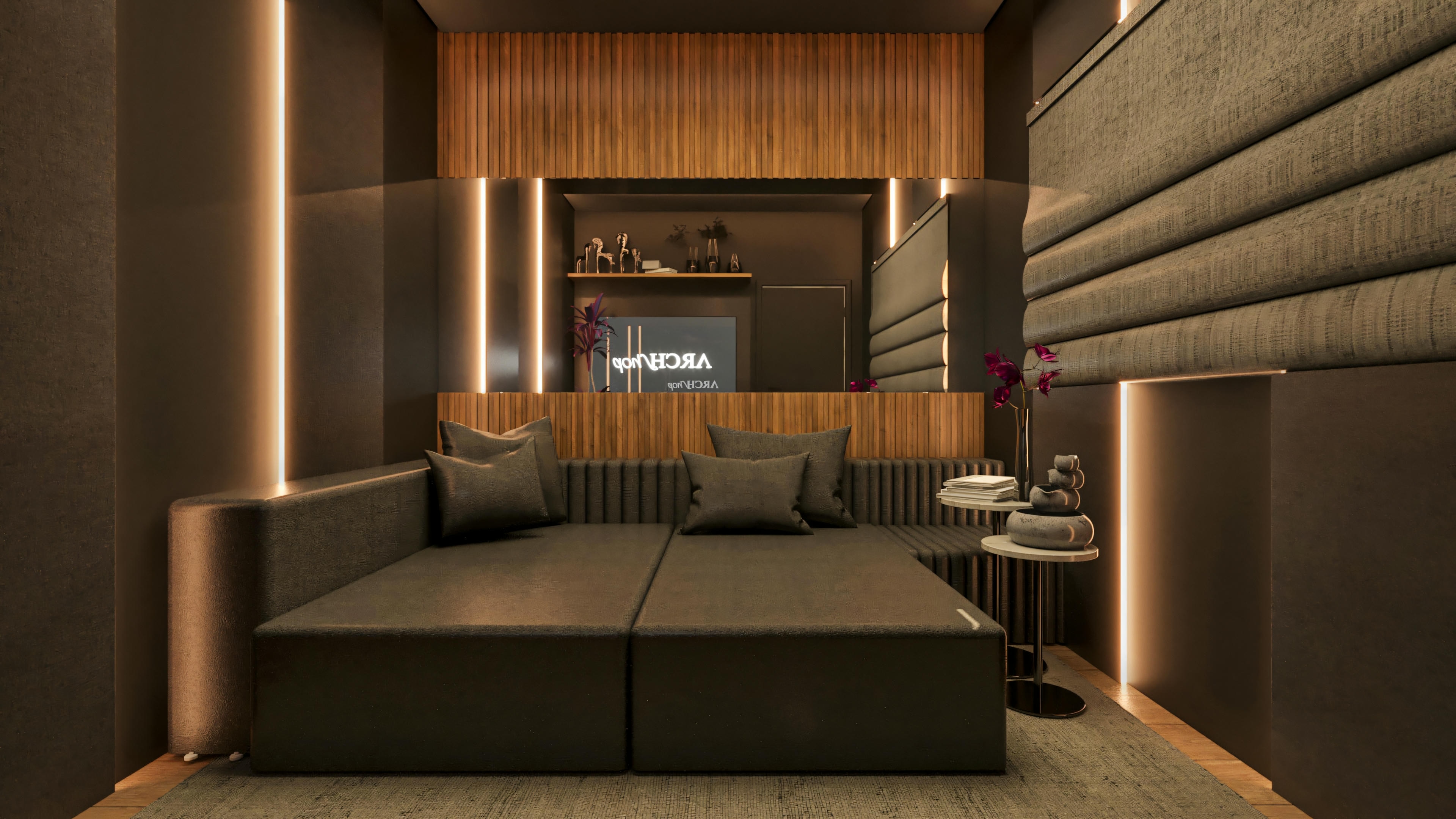 Room with home theater.