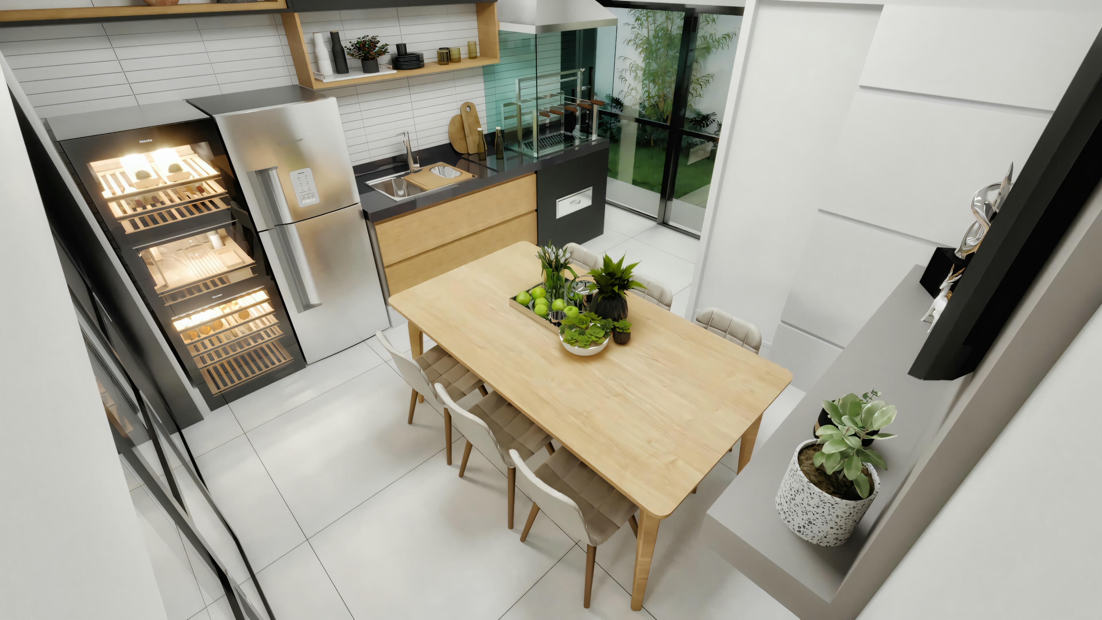 Cocina moderna con área de comedor, gabinetes elegantes e isla con taburetes.