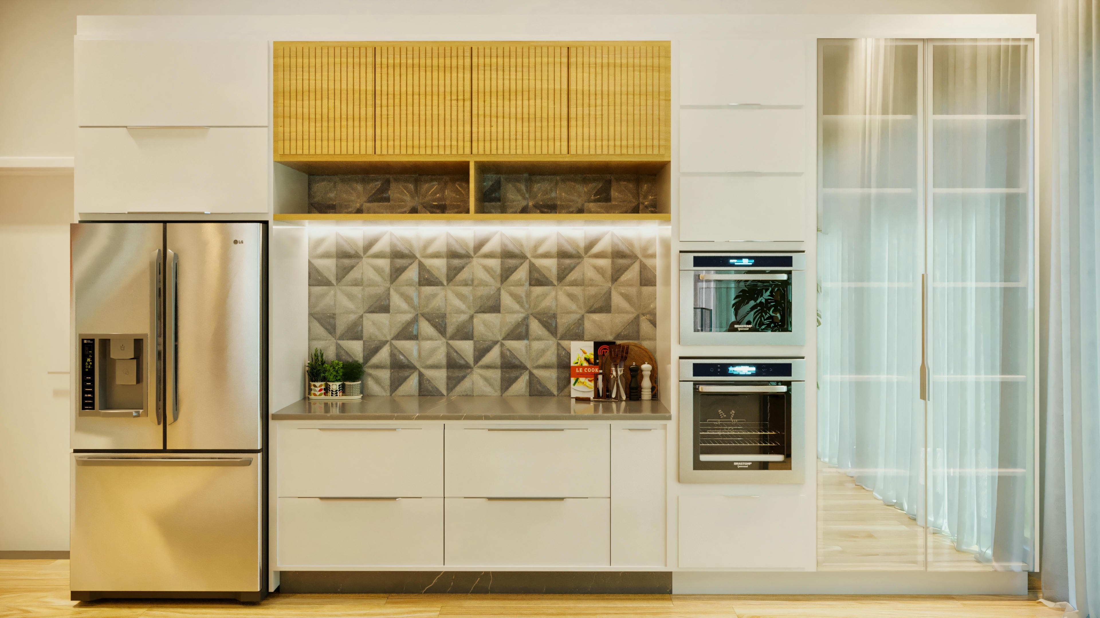 Cocina gourmet totalmente equipada en casa de alto padrão con 3 suites, piscina y zona gourmet de lujo. La imagen destaca los armarios planificados, electrodomésticos empotrados de última generación, el diseño del backsplash y la vitrina elegante. Ideal para una zona gourmet de lujo con piscina, esta cocina combina funcionalidad y estética en la residencia de 335.08m².