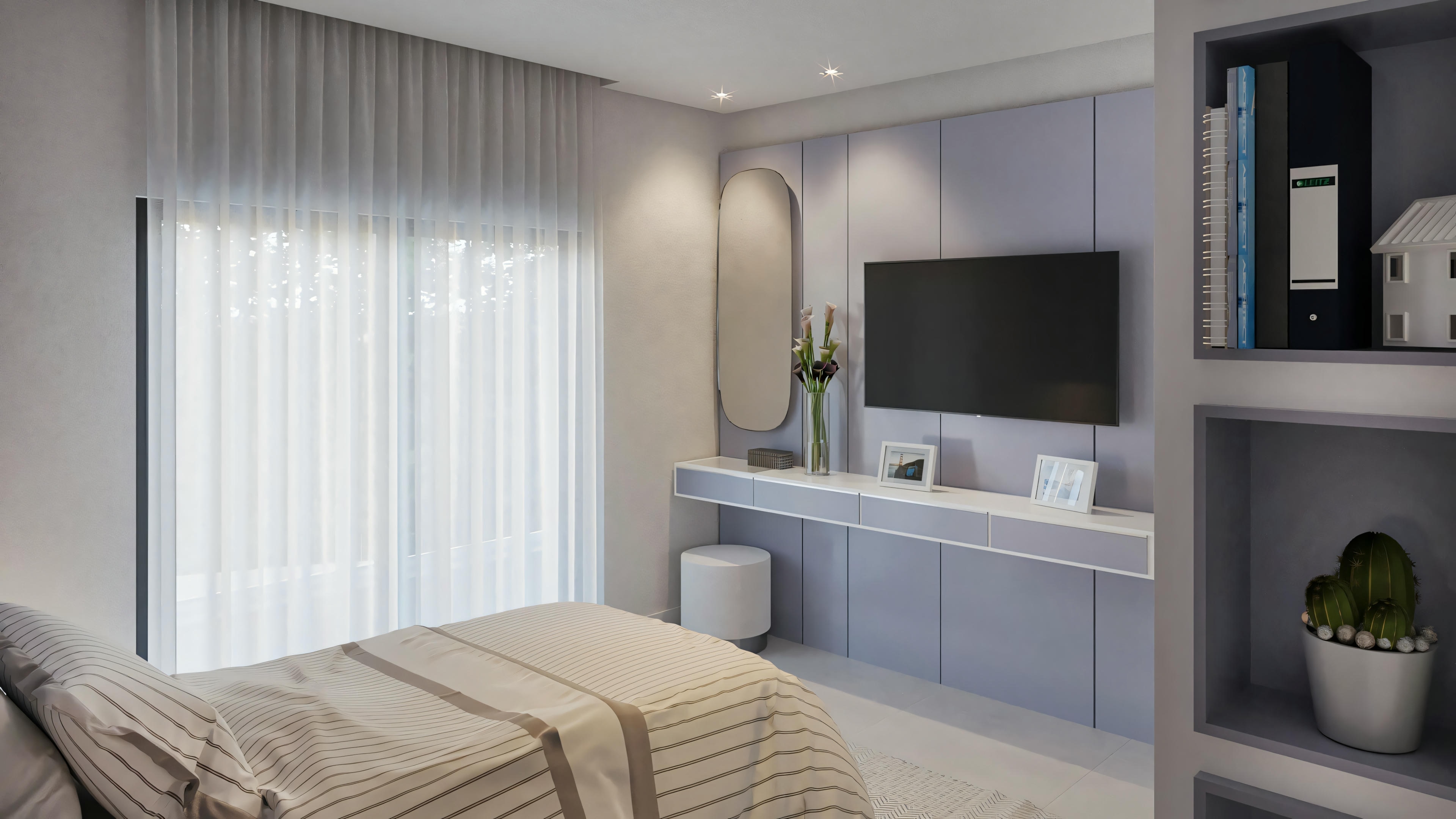 Un dormitorio moderno con cama, televisión montada en la pared y otros muebles, con variaciones en el diseño interior.